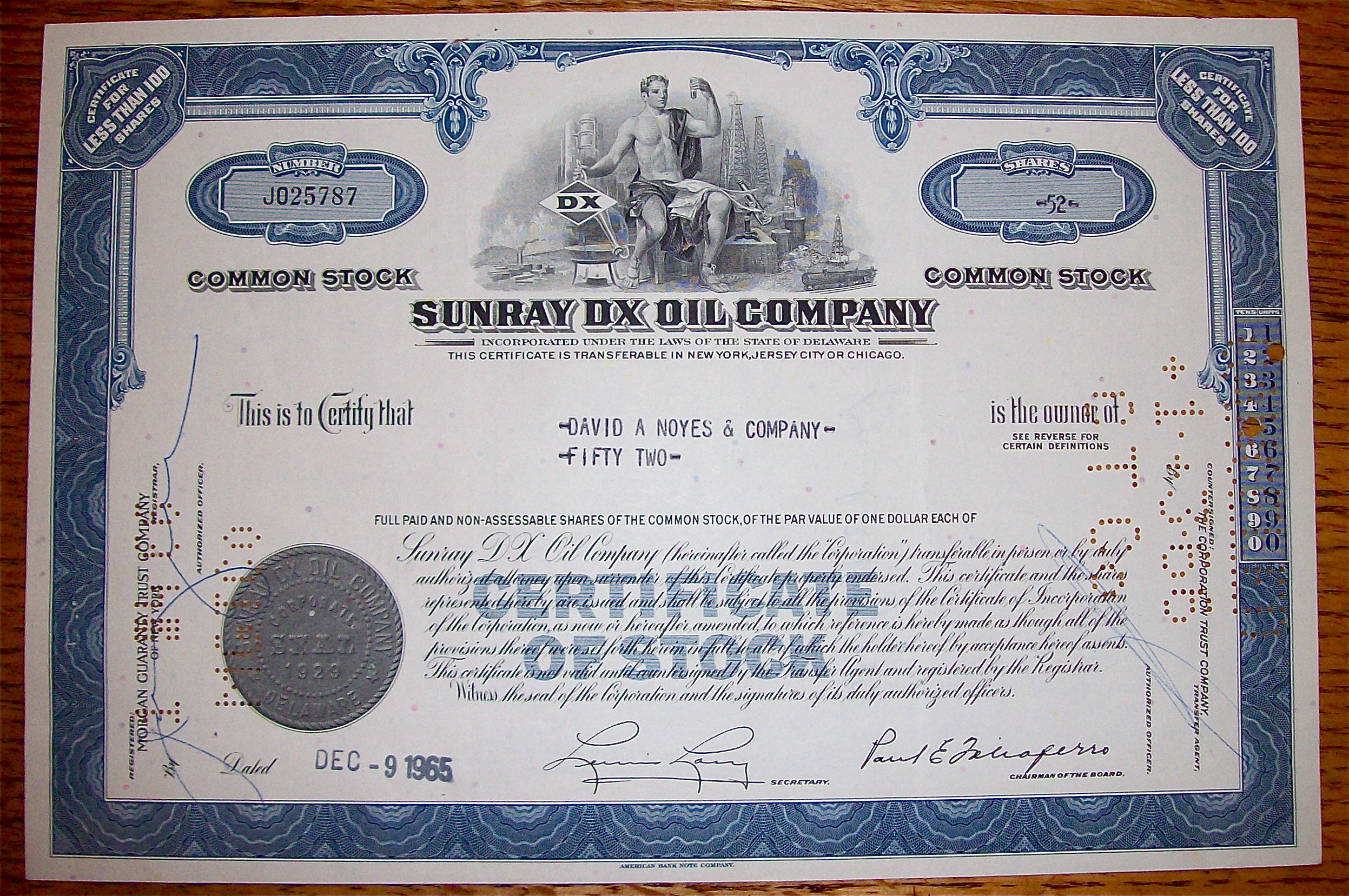 1965 Sunray DX Oil Company Stock Certificate