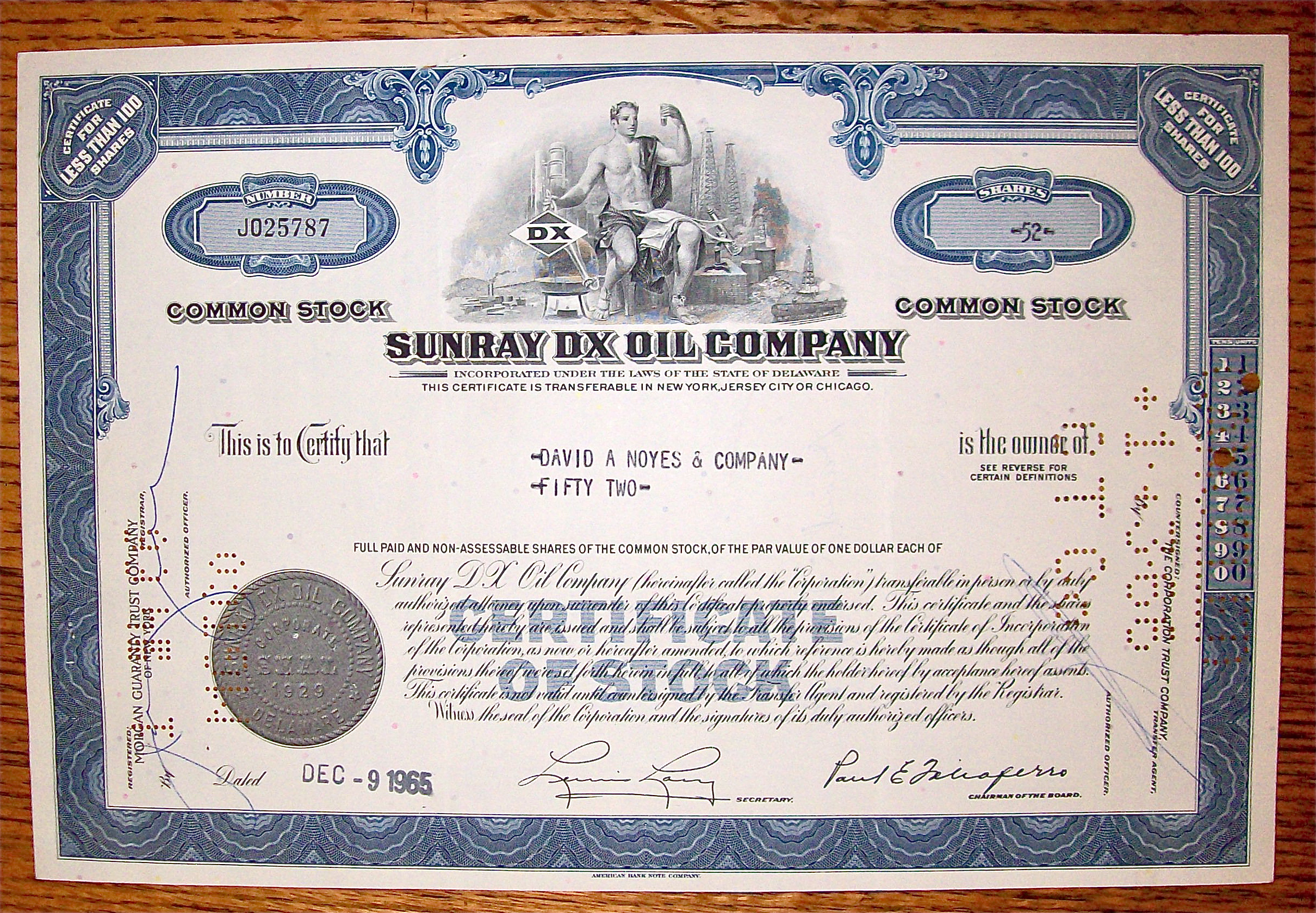 1965 Sunray DX Oil Company Stock Certificate