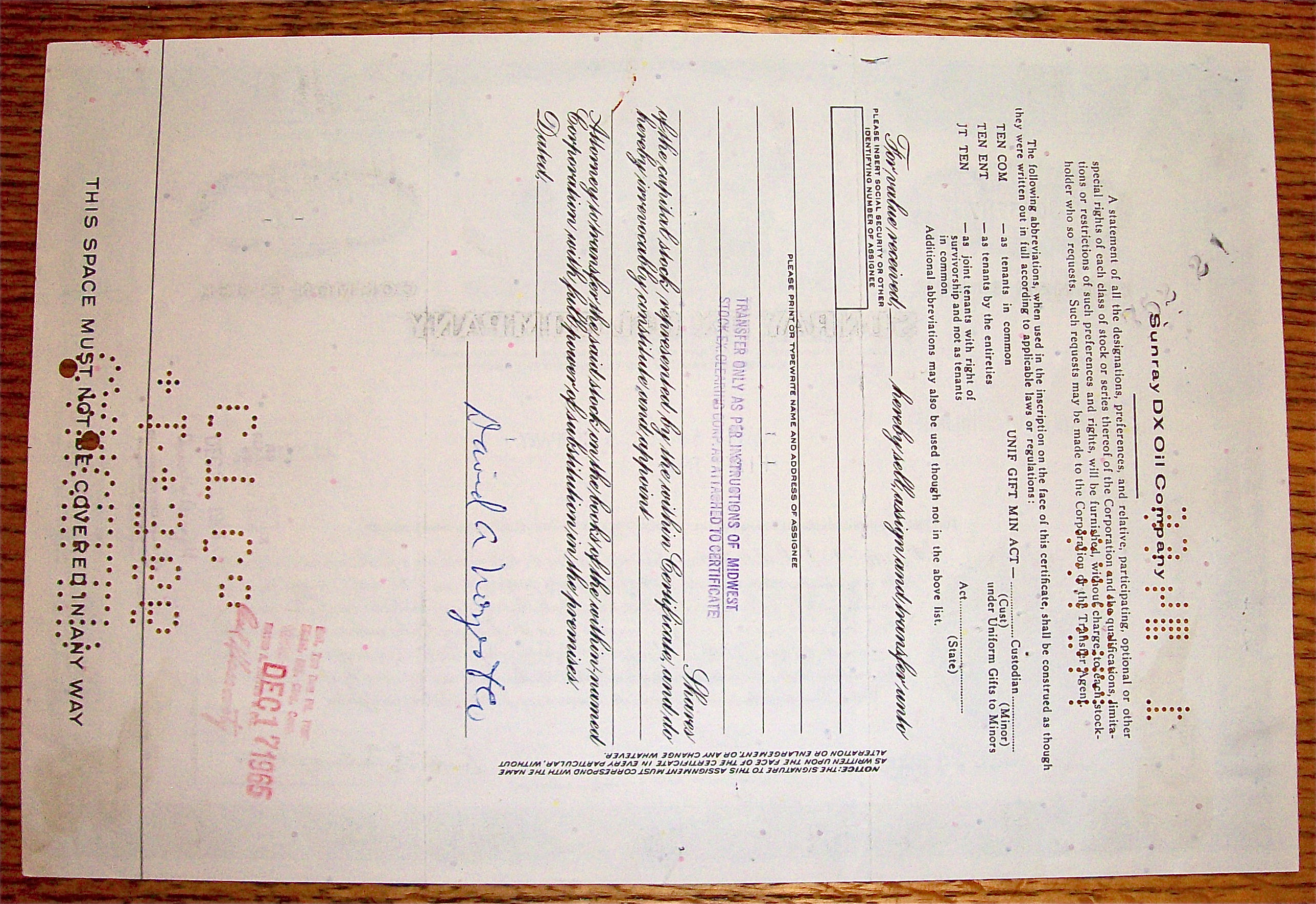 1965 Sunray DX Oil Company Stock Certificate