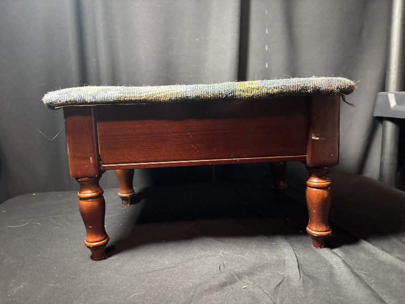 Vintage Wooden Footstool with Upholstered Top and Storage Compartment