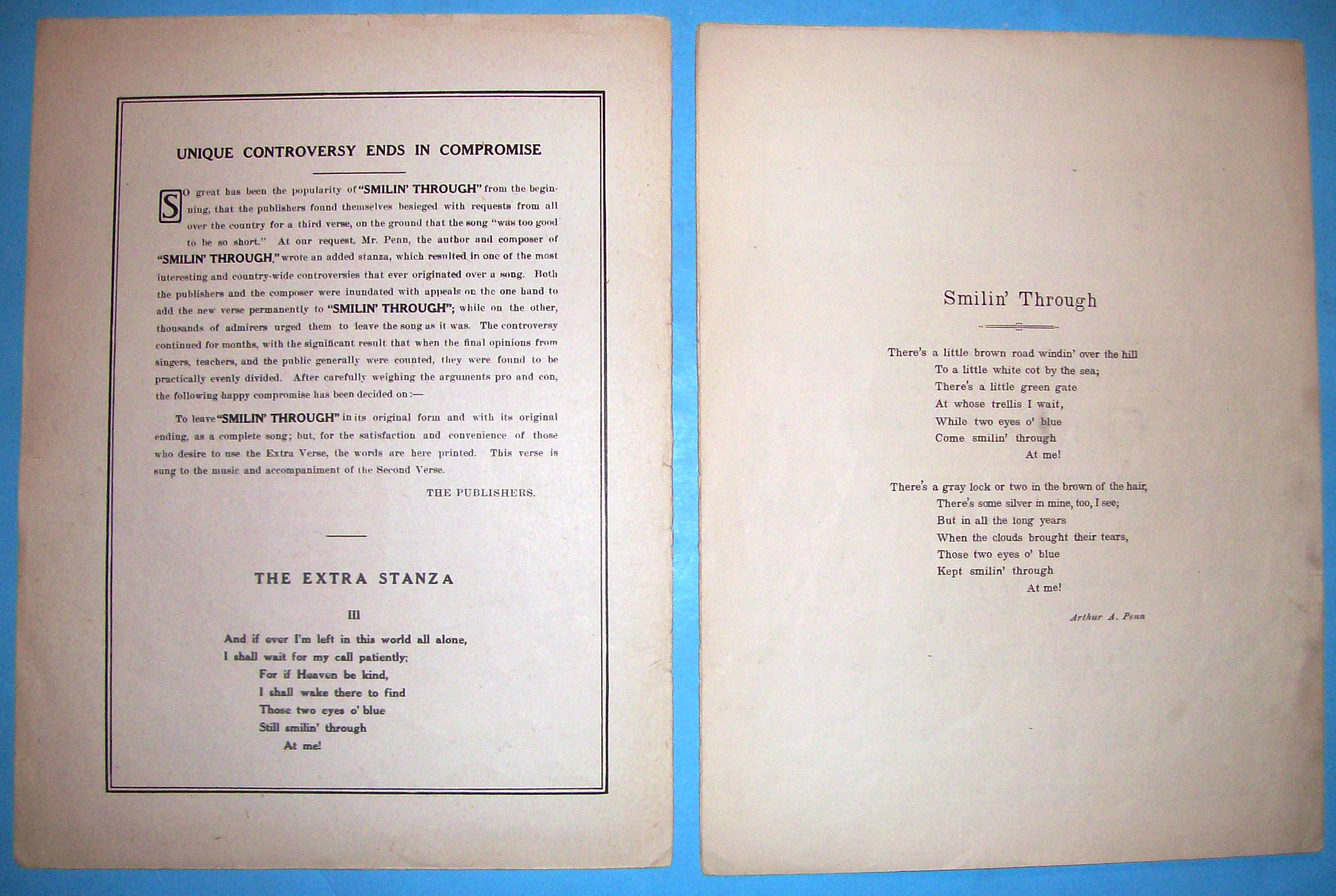 Sheet Music For 1919 Smilin' Through (Norma Talmadge)