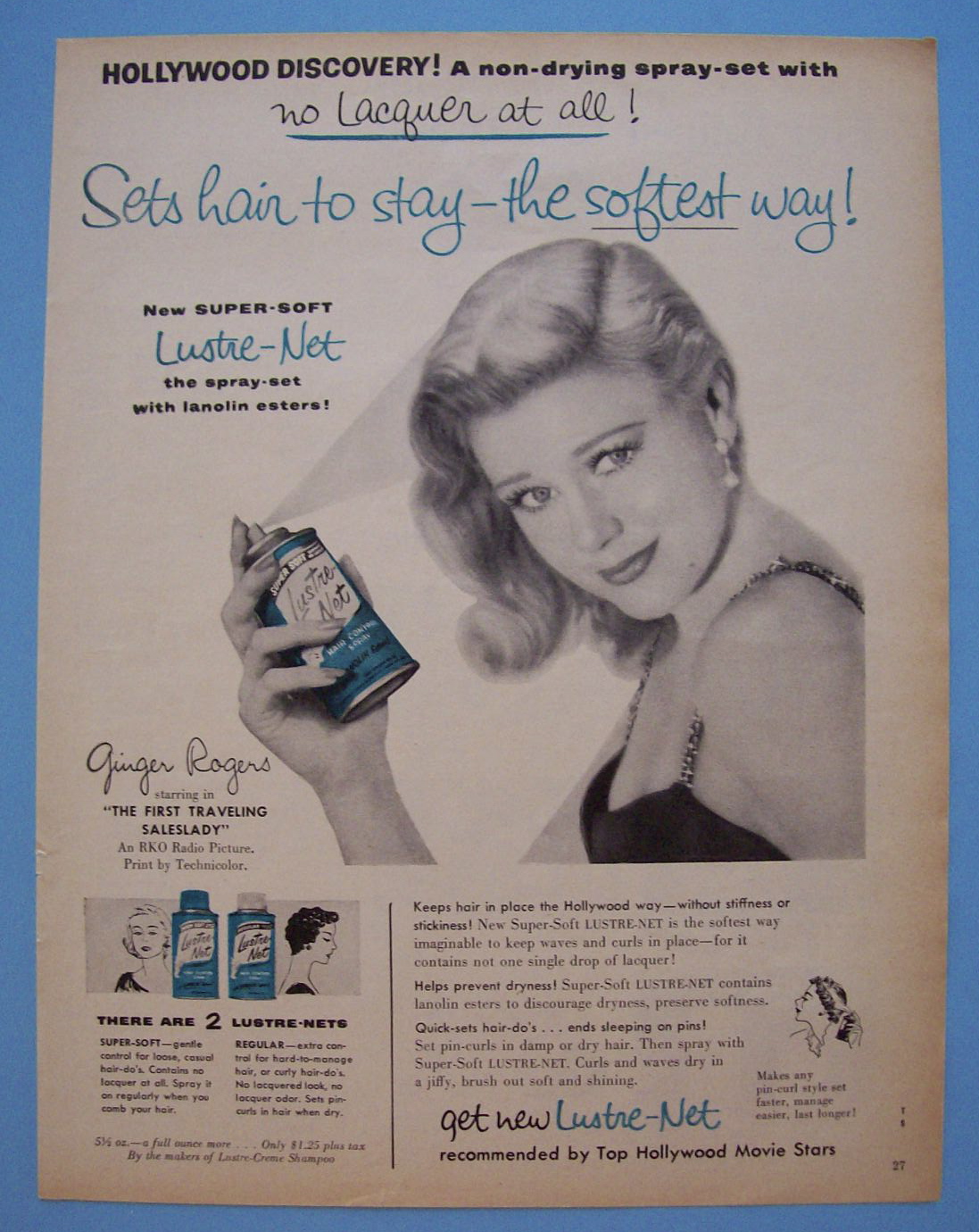 Vintage Ad: 1956 Lustre-Net Hair Spray w/ Ginger Rogers