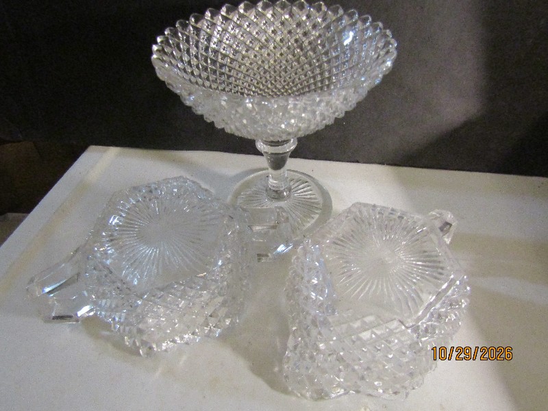 Vintage Pressed Glass Diamond Pattern Set - Pedestal Compote Dish, Creamer, and Sugar Bowl
