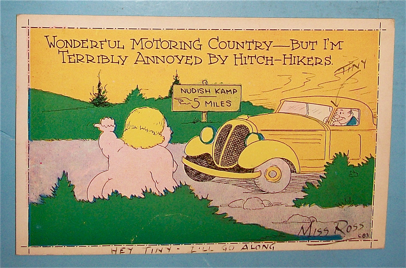 Nudish Kamp & Hefty Nude Hitch Hiker Postcard