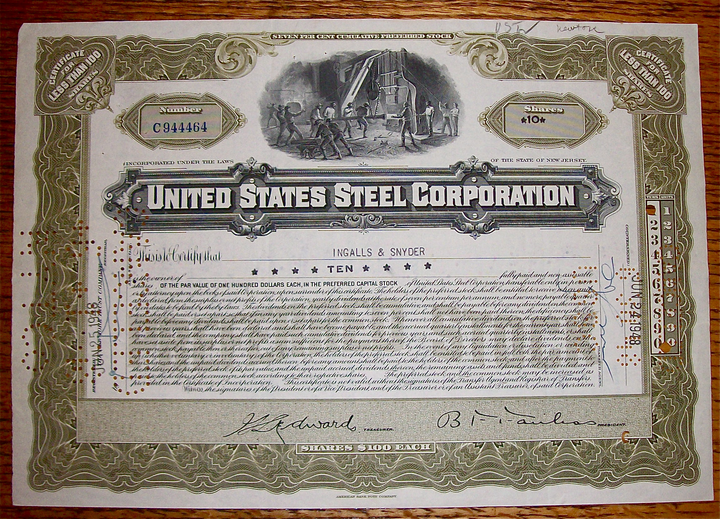 1948 United States Steel Corporation Stock Certificate