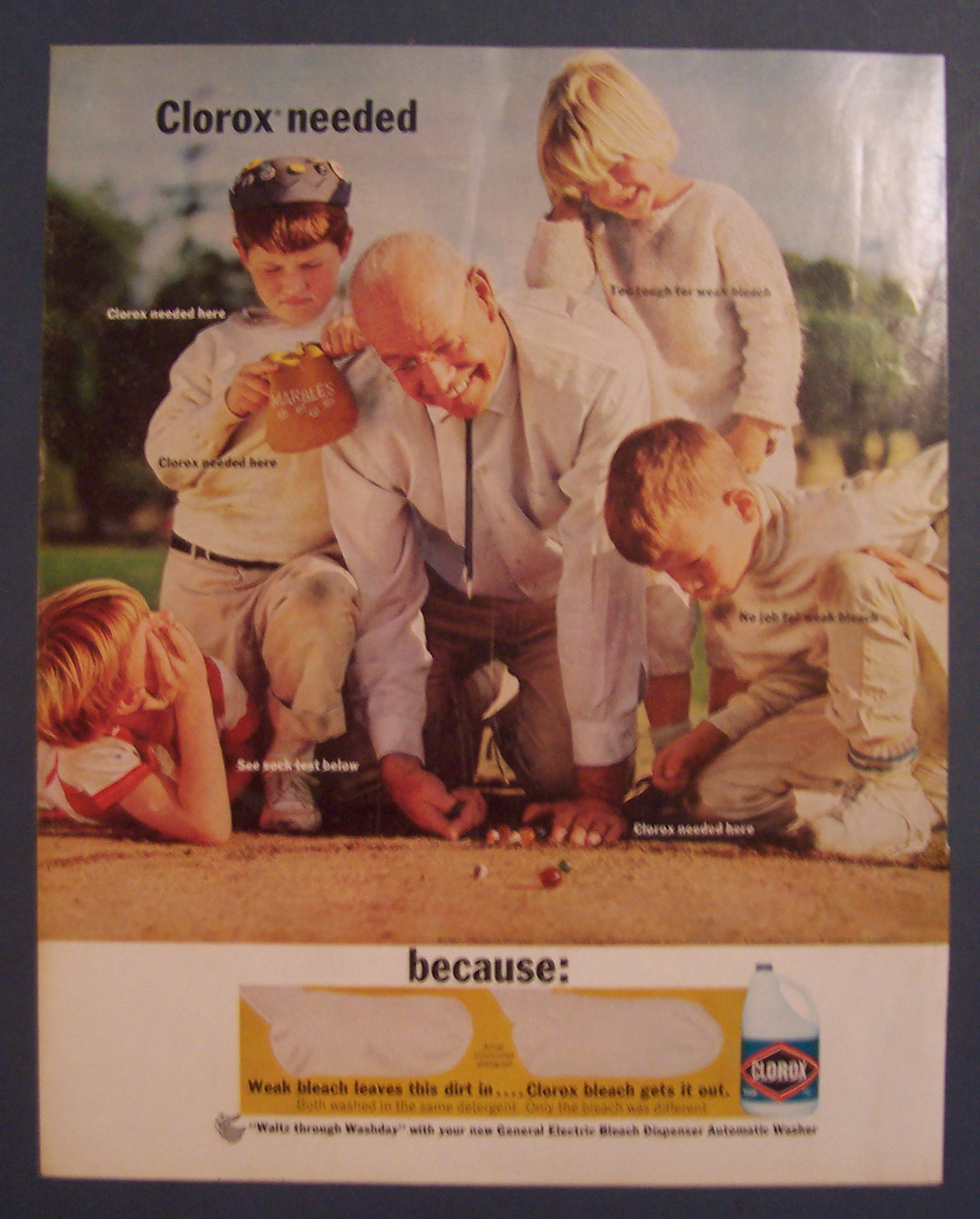 1967 Clorox Bleach w/ Man Playing Marbles with Children