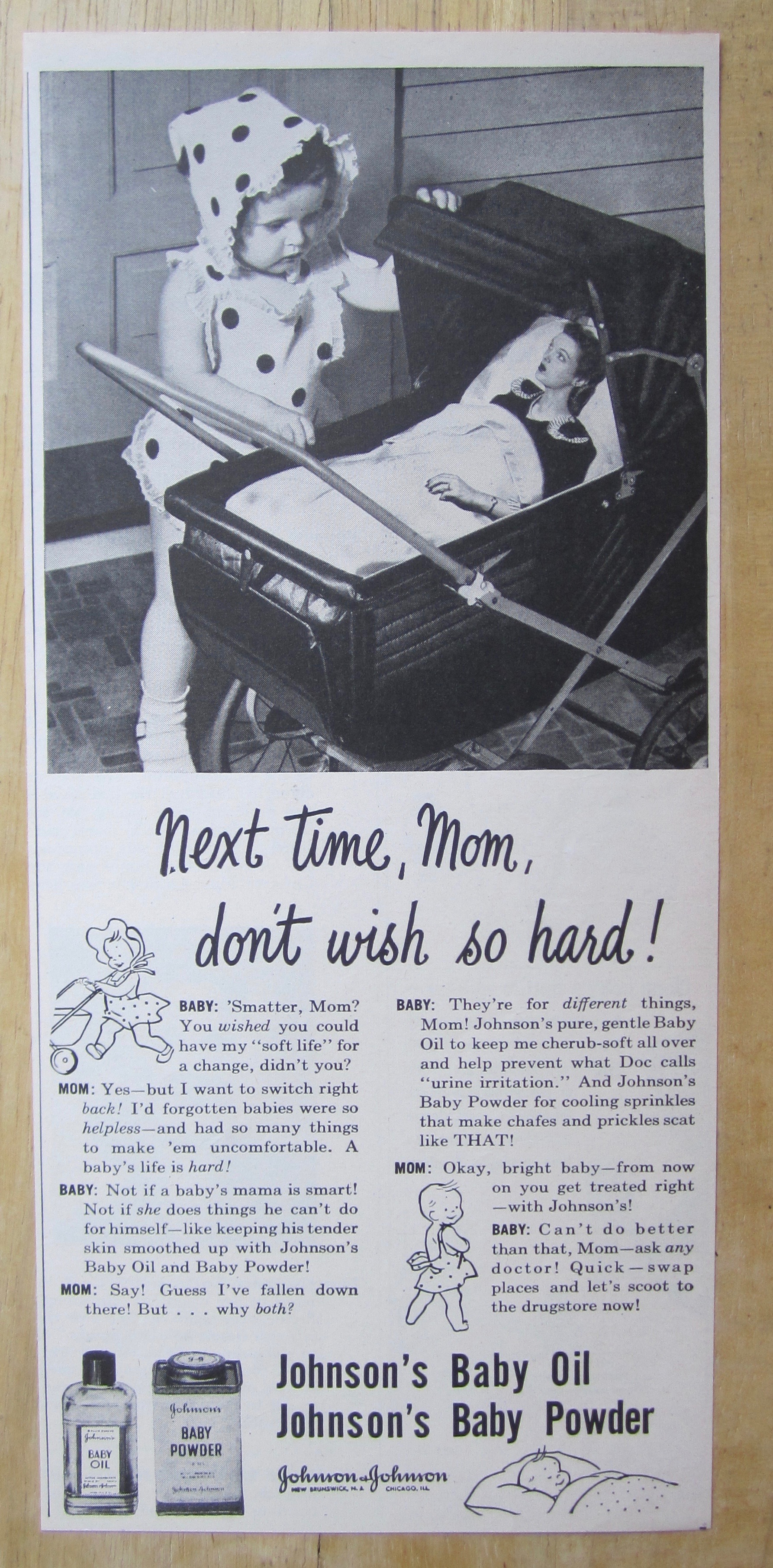 1945 Johnson Baby Powder & Oil w/Baby & Mom in Stroller