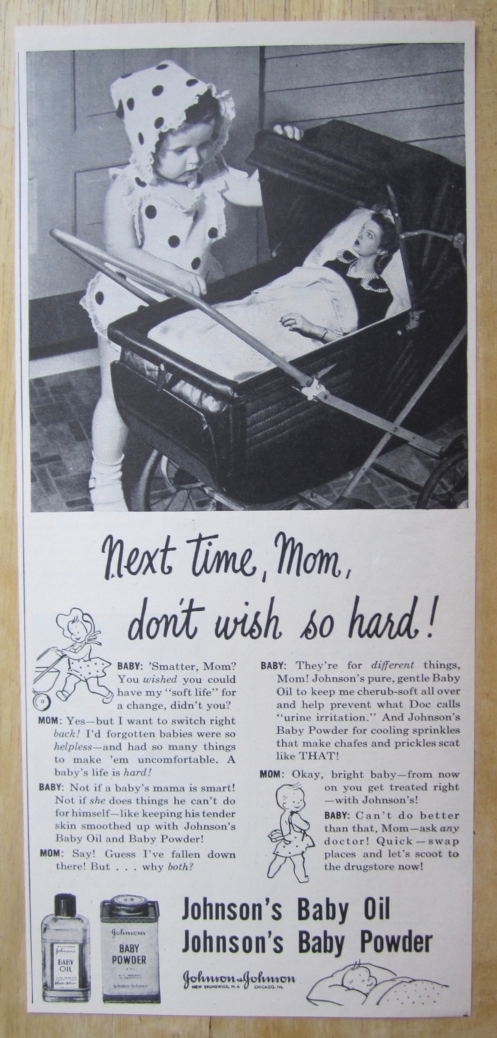 1945 Johnson Baby Powder & Oil w/Baby & Mom in Stroller