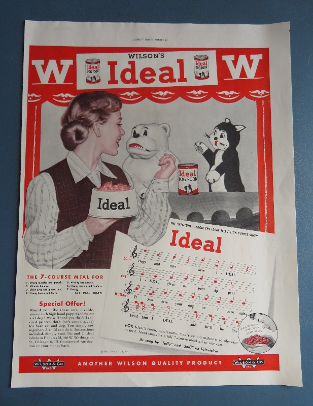 1951 Wilson's Ideal Dog Food with Woman & Dog & Cat Puppet