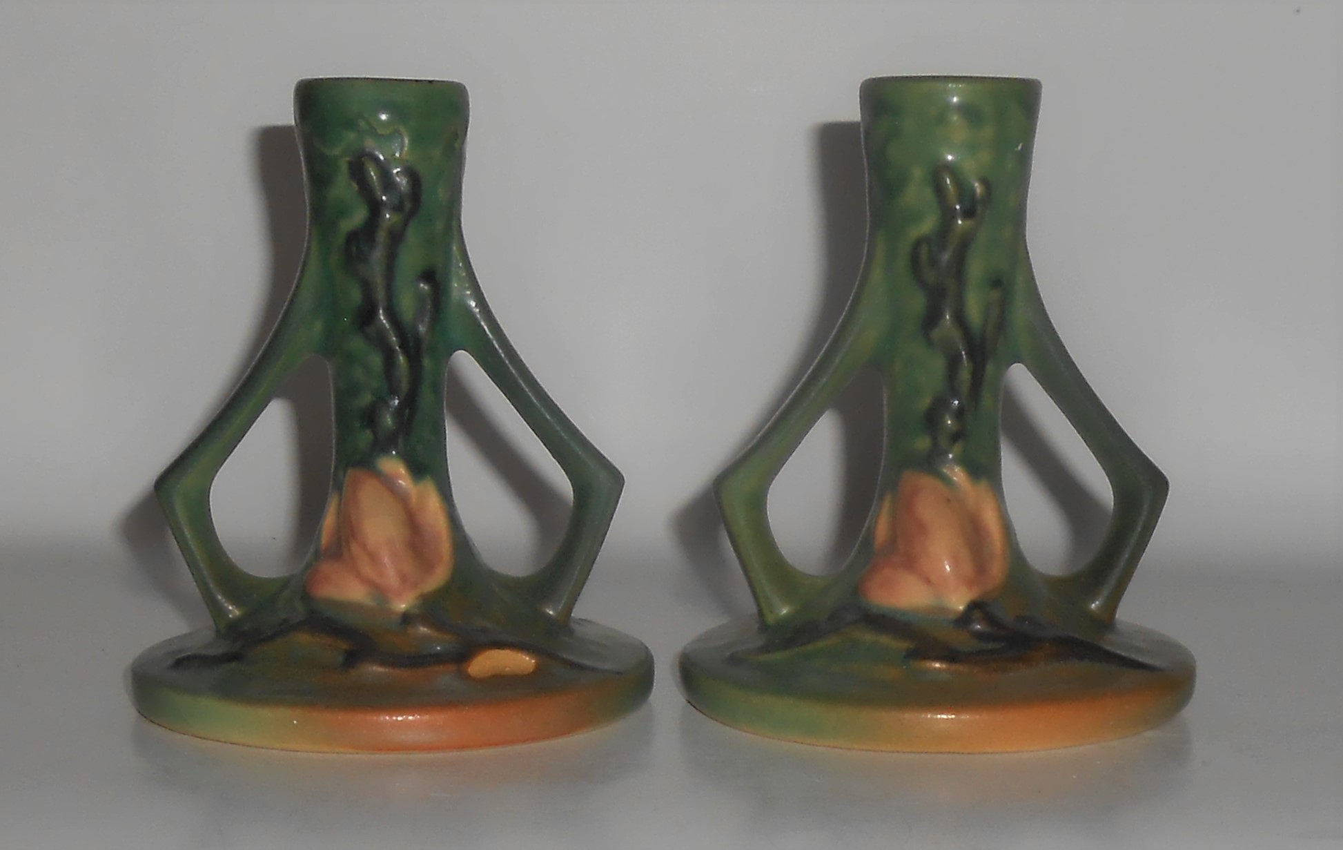 Roseville Art Pottery Pair Green Magnolia #1157 Candle