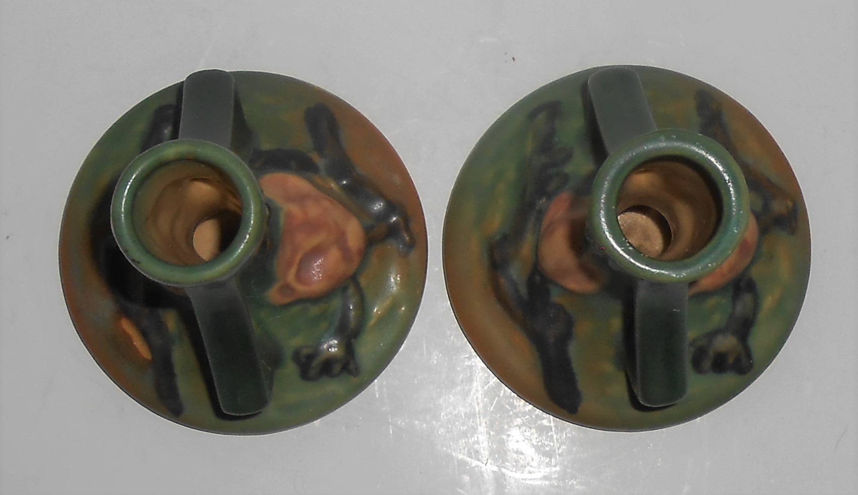 Roseville Art Pottery Pair Green Magnolia #1157 Candle