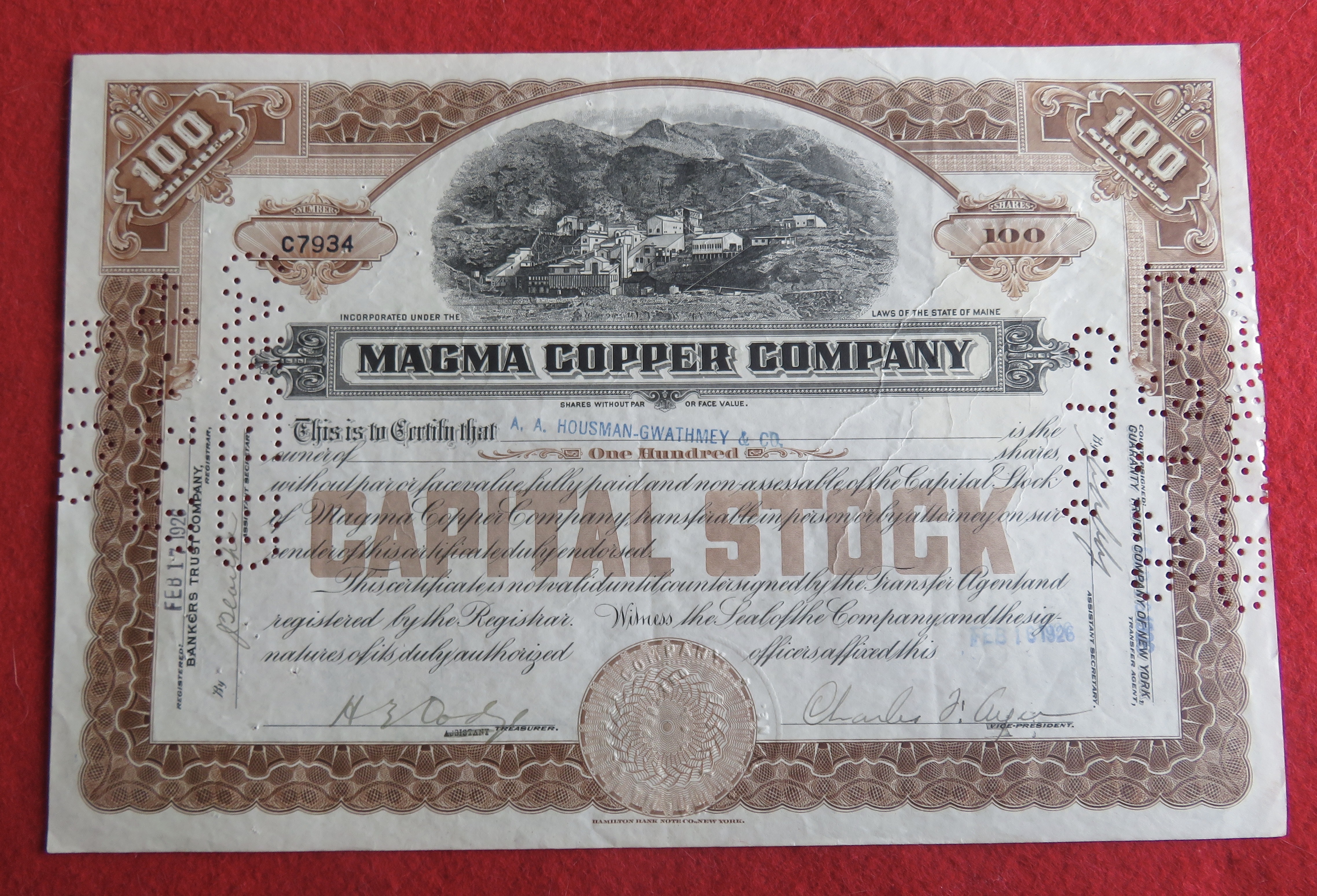 1926 Magma Copper Company Stock Certificate