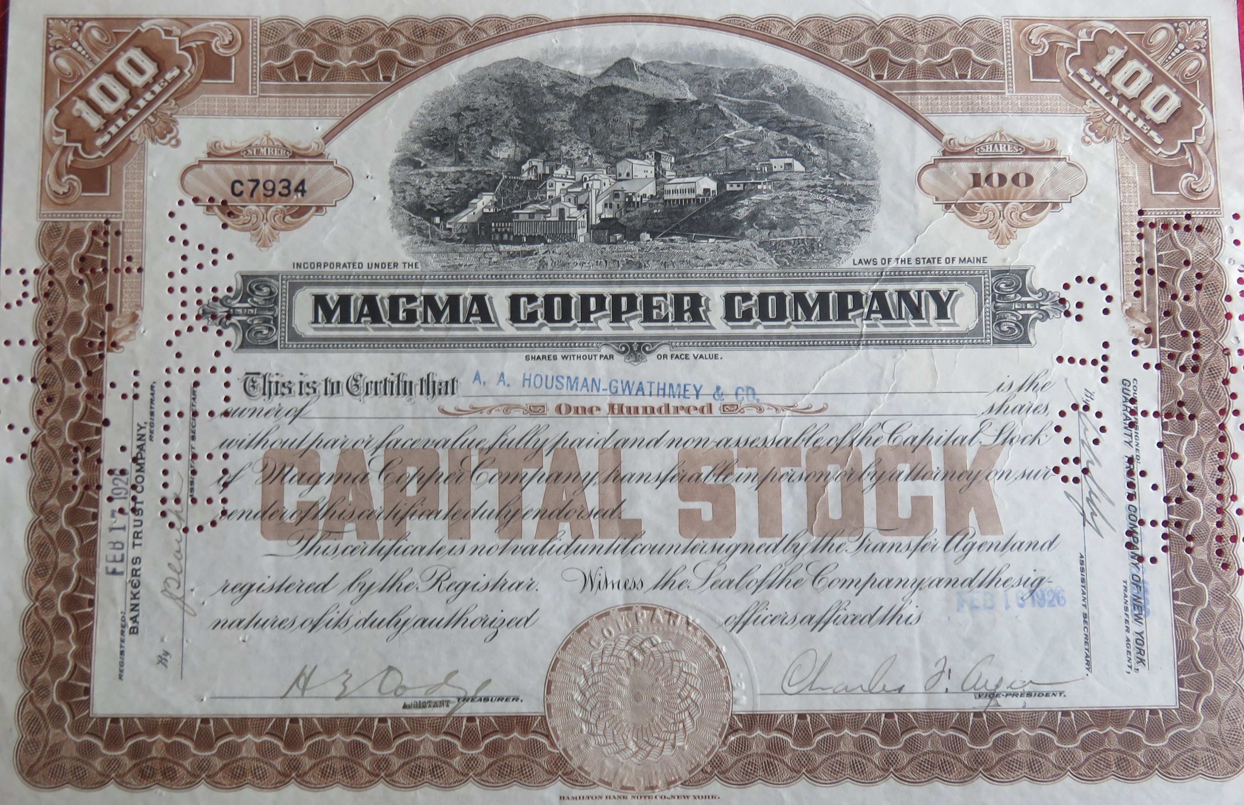 1926 Magma Copper Company Stock Certificate