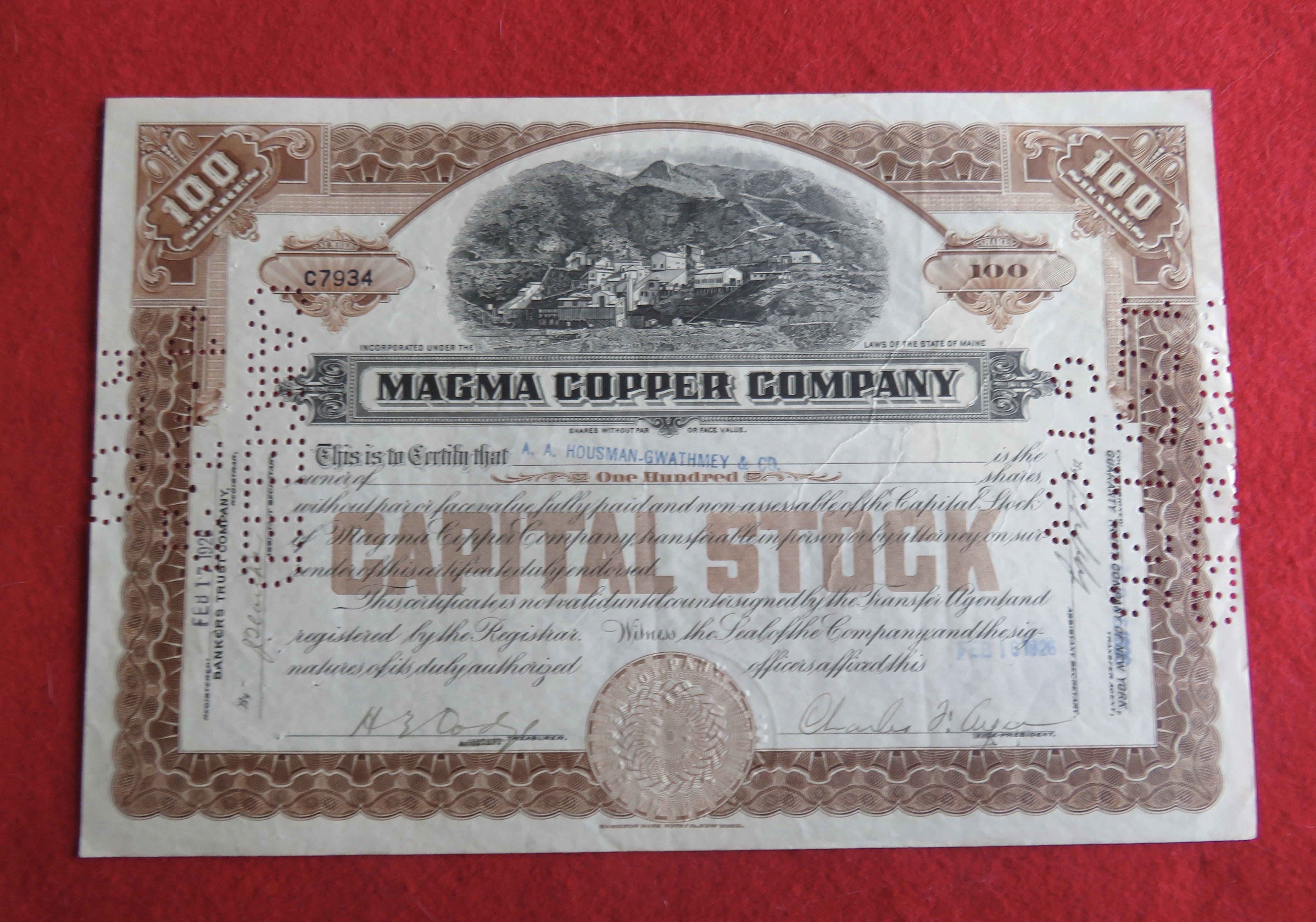 1926 Magma Copper Company Stock Certificate