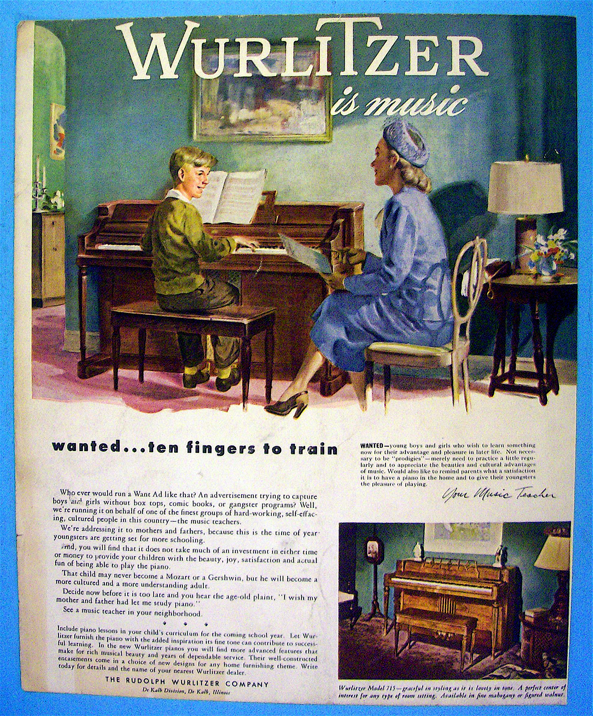 1947 Wurlitzer Piano with Woman Watching Boy Play Piano