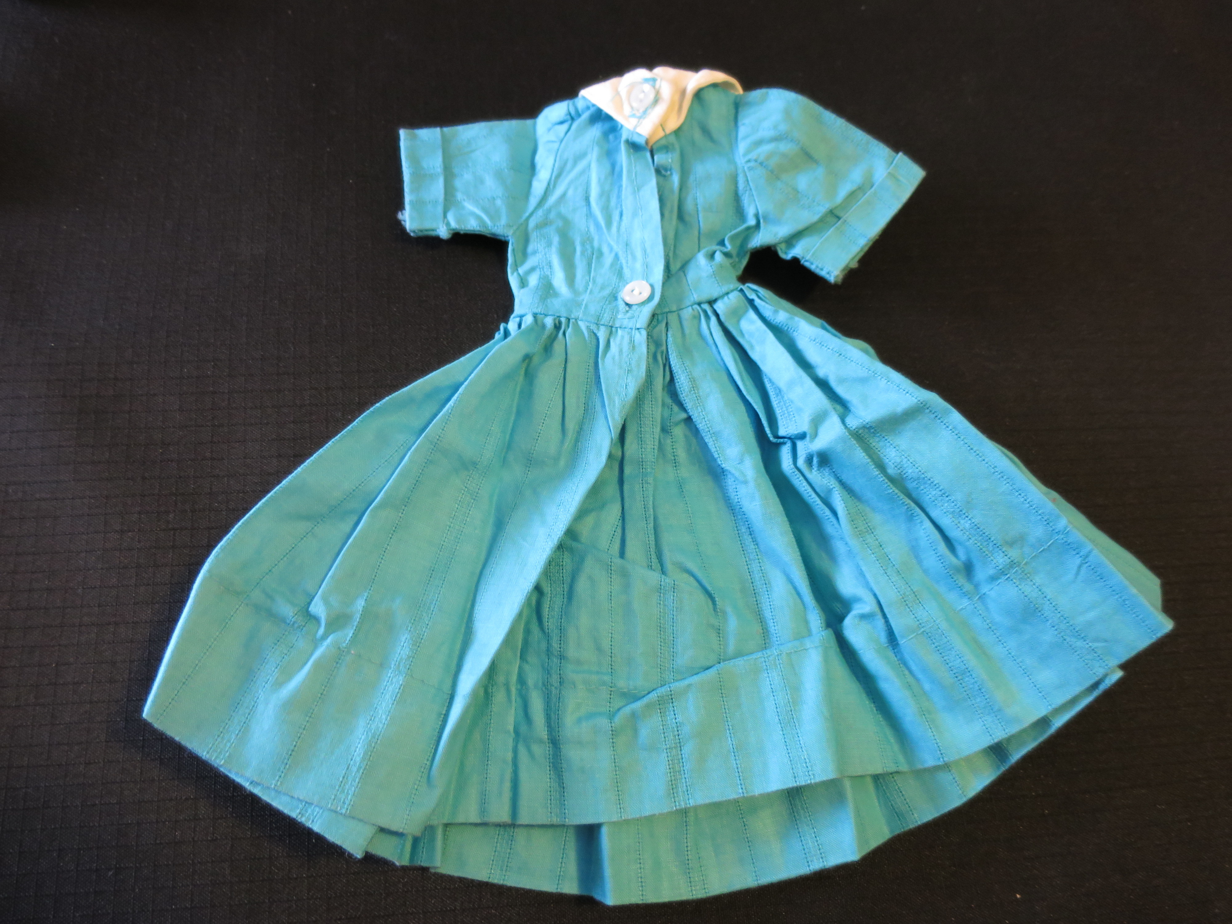 Vintage Doll Dress blue variegated stripes with white collar