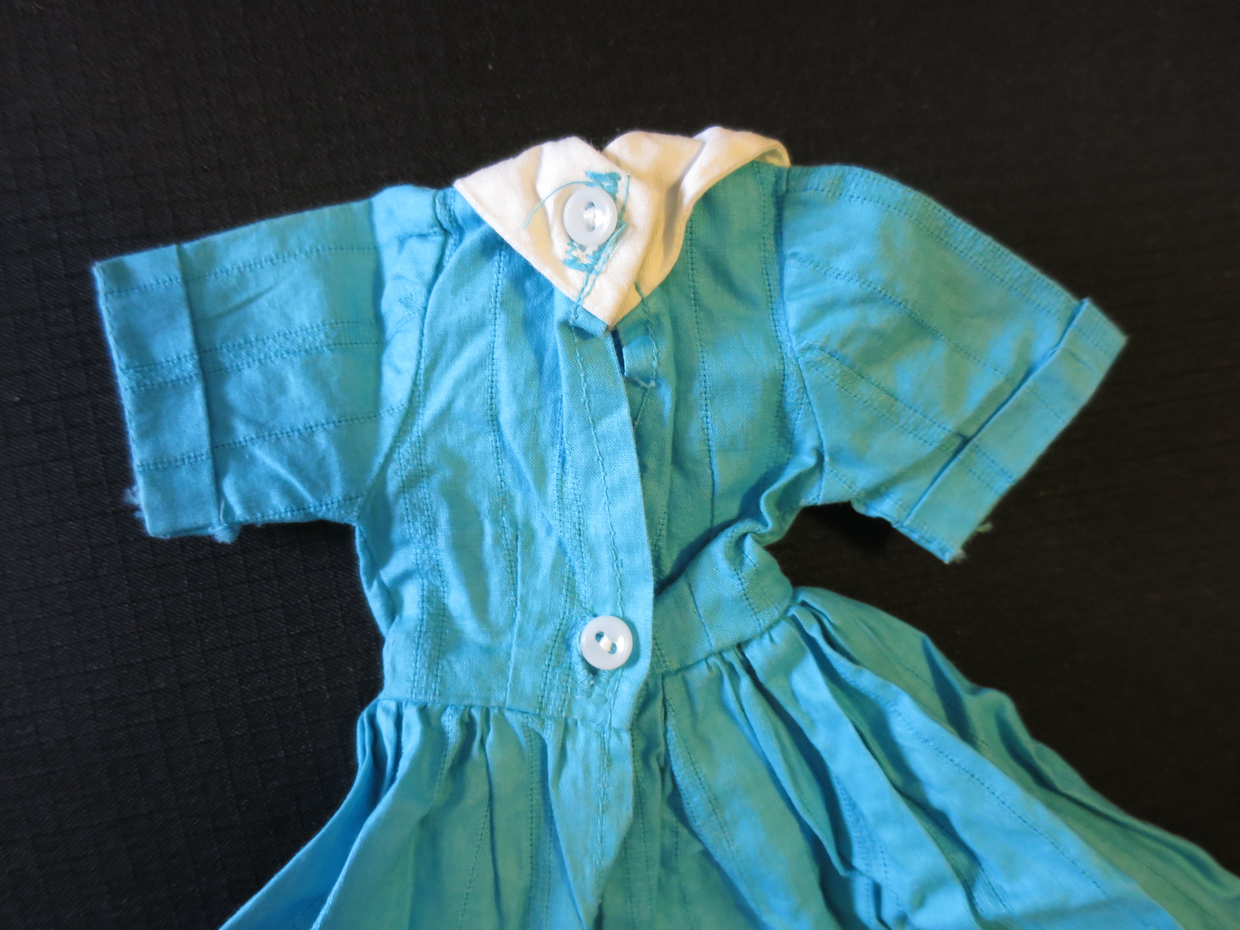 Vintage Doll Dress blue variegated stripes with white collar
