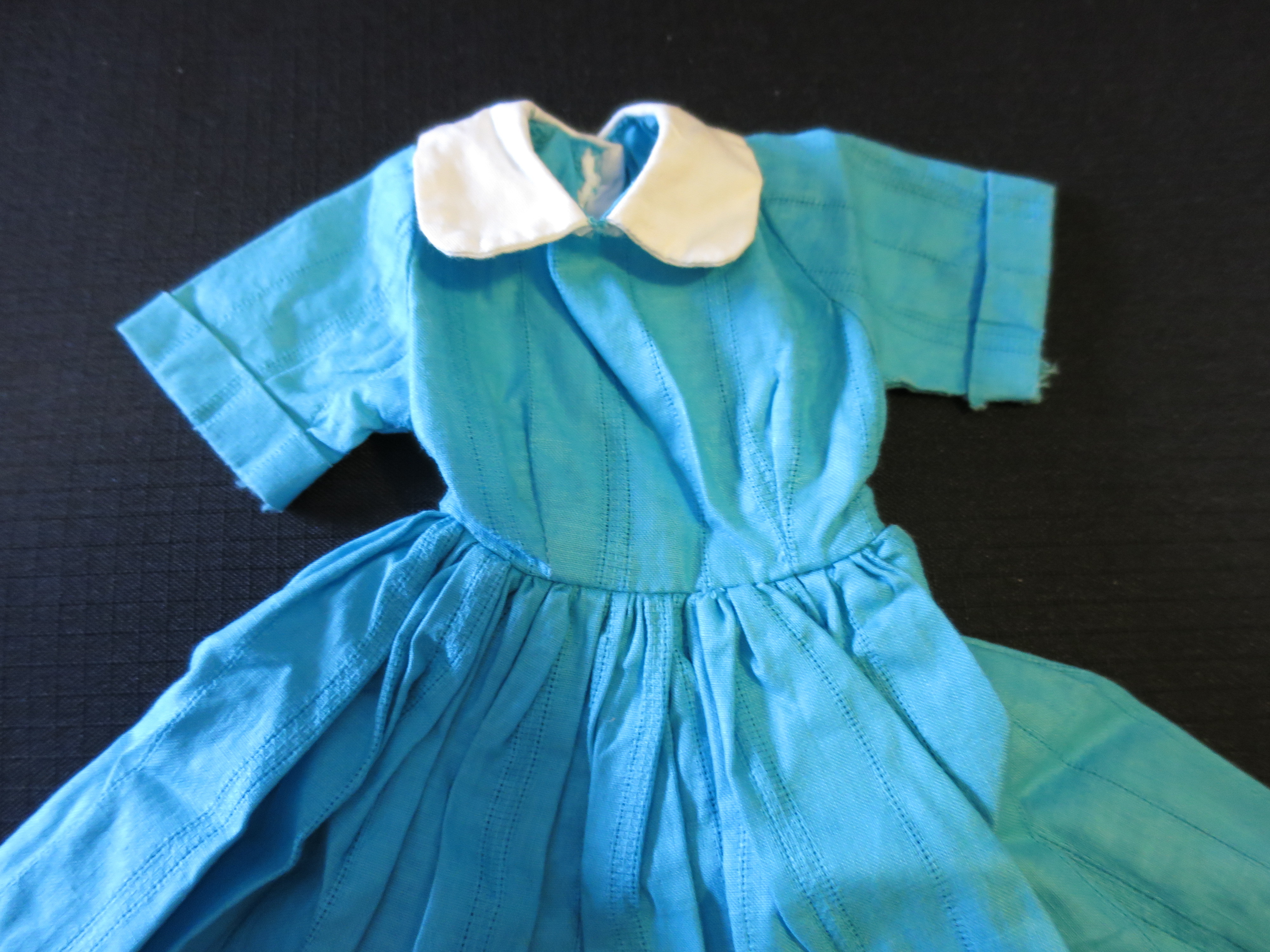 Vintage Doll Dress blue variegated stripes with white collar