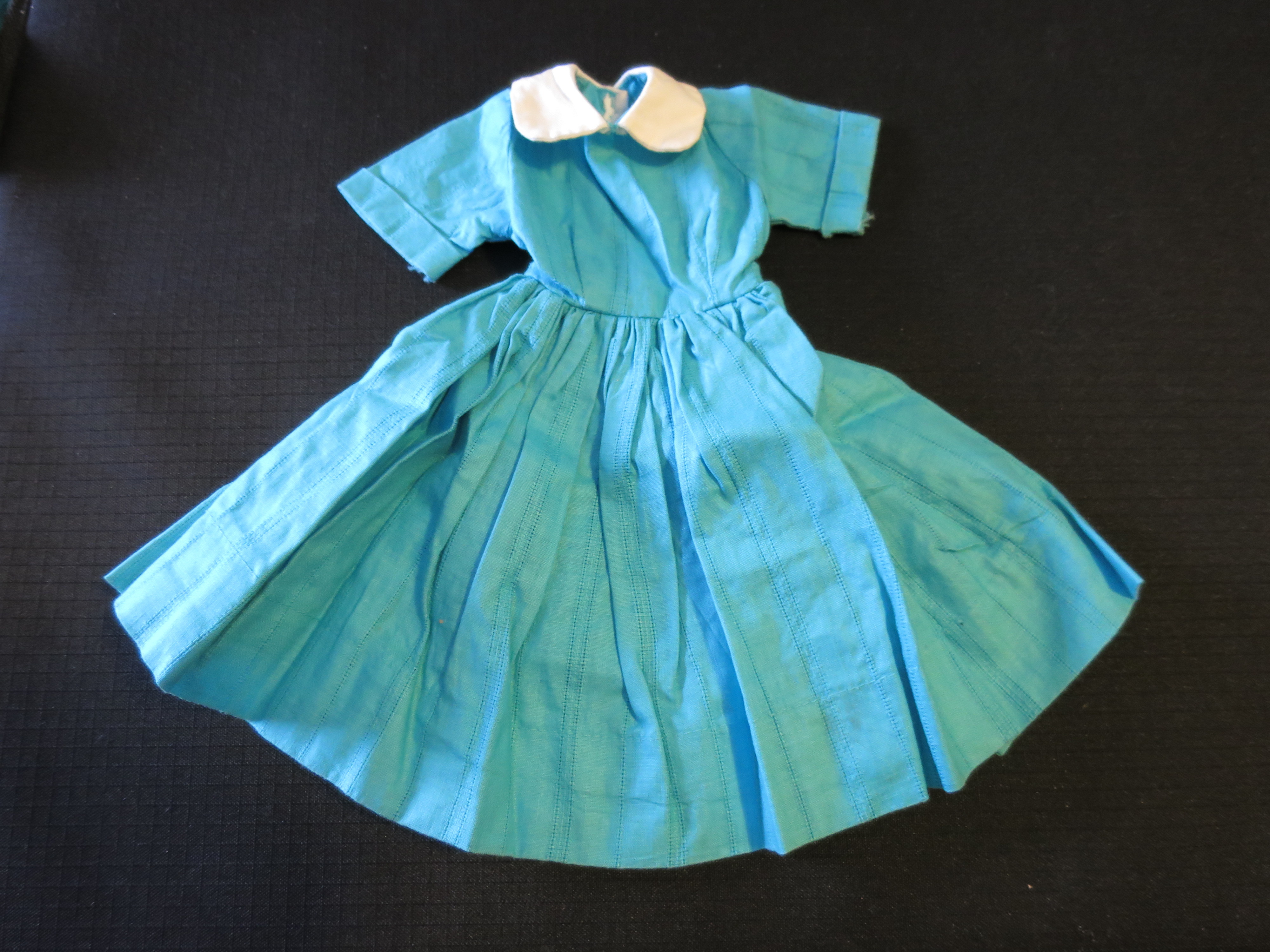 Vintage Doll Dress blue variegated stripes with white collar