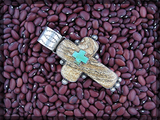 ROCKI GORMAN  Sterling Silver Jasper Turquoise Cross