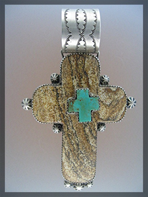 ROCKI GORMAN  Sterling Silver Jasper Turquoise Cross