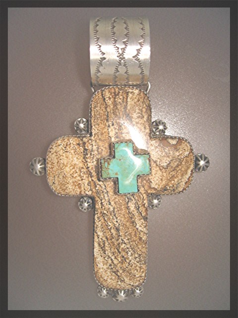 ROCKI GORMAN  Sterling Silver Jasper Turquoise Cross
