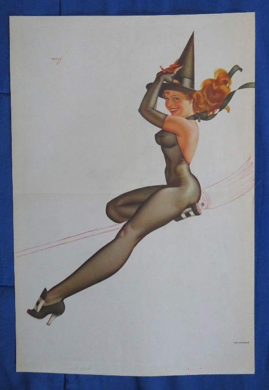 Original 1945 Sexy Halloween Pin Up Girl Wearing A Black Bodysuit Wearing A Witch's Hat While On A Broom By George Petty