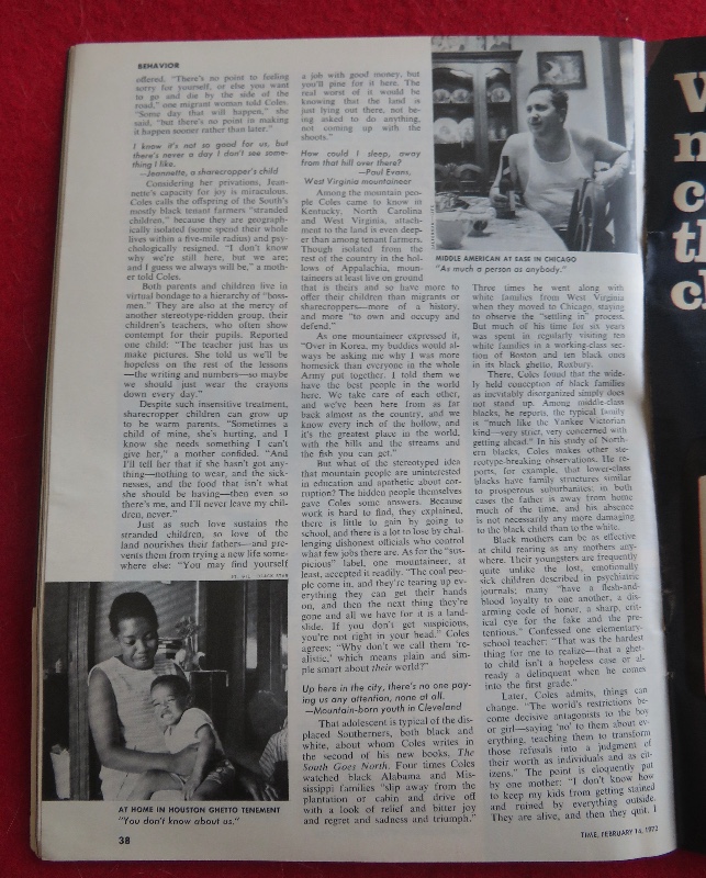 Time Magazine February 14, 1972 Psychiatrist Robert Coles