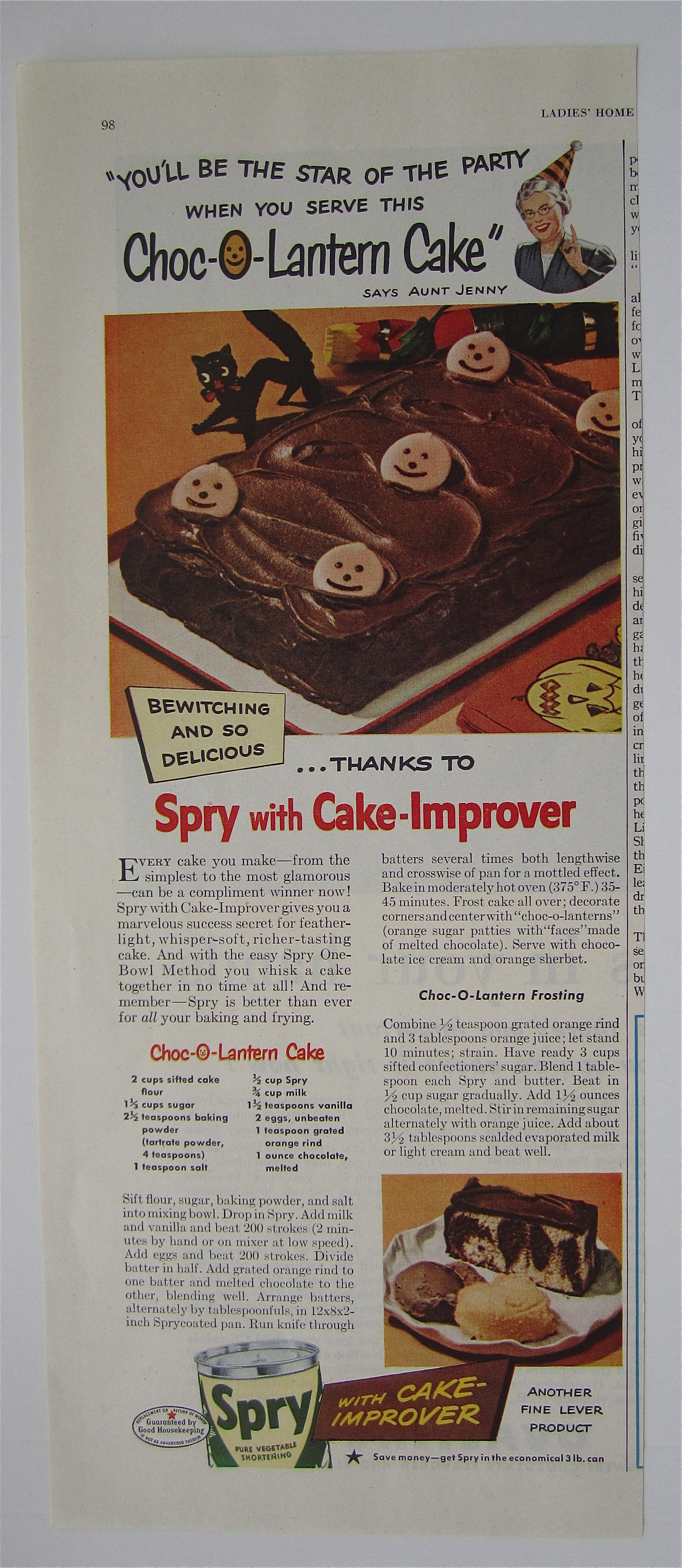 1948 Spry Vegetable Shortening with Choc O Lantern Cake