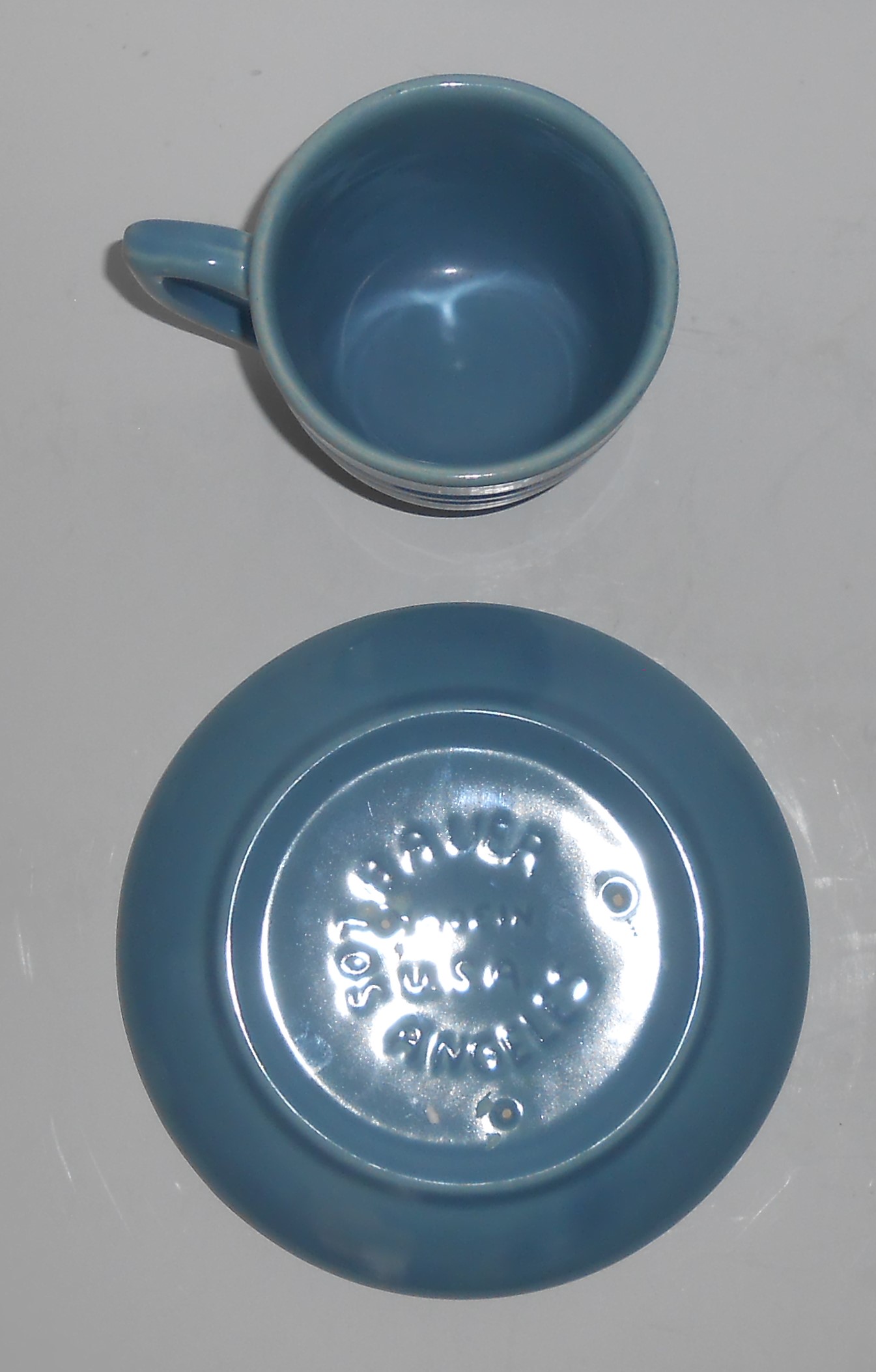 Bauer Pottery Ring Ware 3rd Period Lt Blue Cup & Saucer