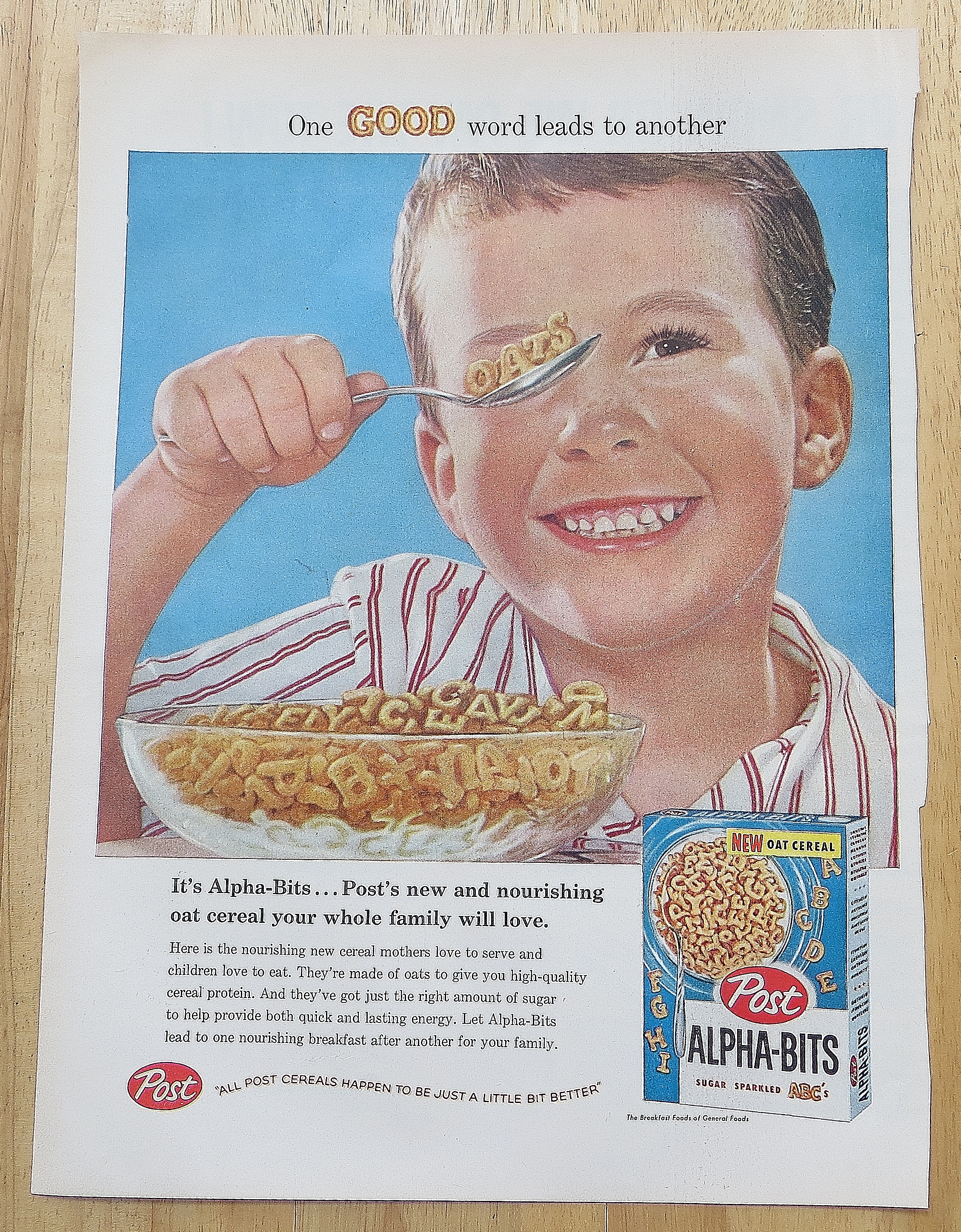 1958 Post Alpha Bits Cereal with Little Boy Eating