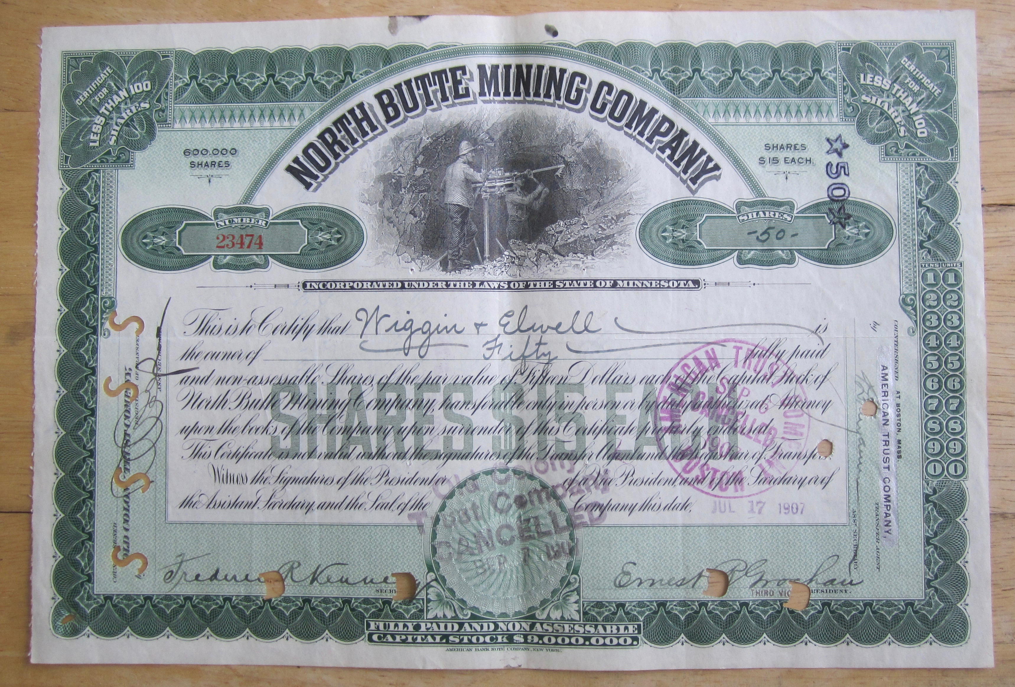 1907 North Butte Mining Company Stock Certificate