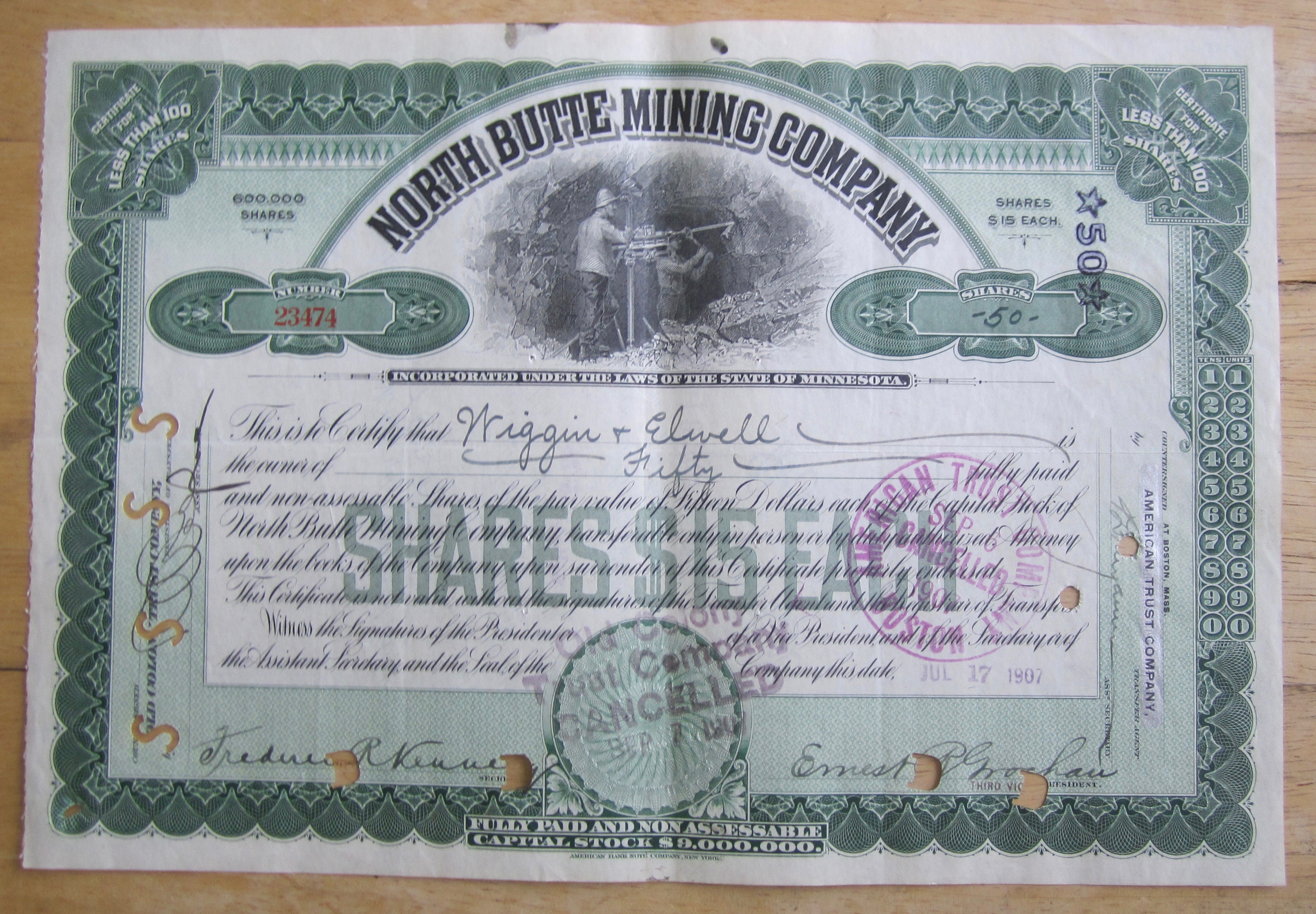 1907 North Butte Mining Company Stock Certificate