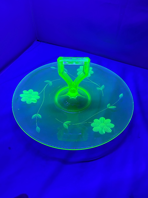 Uranium Green Floral Etched Tidbit Tray with Stylized Handle 10 1/4" Circa 1930s