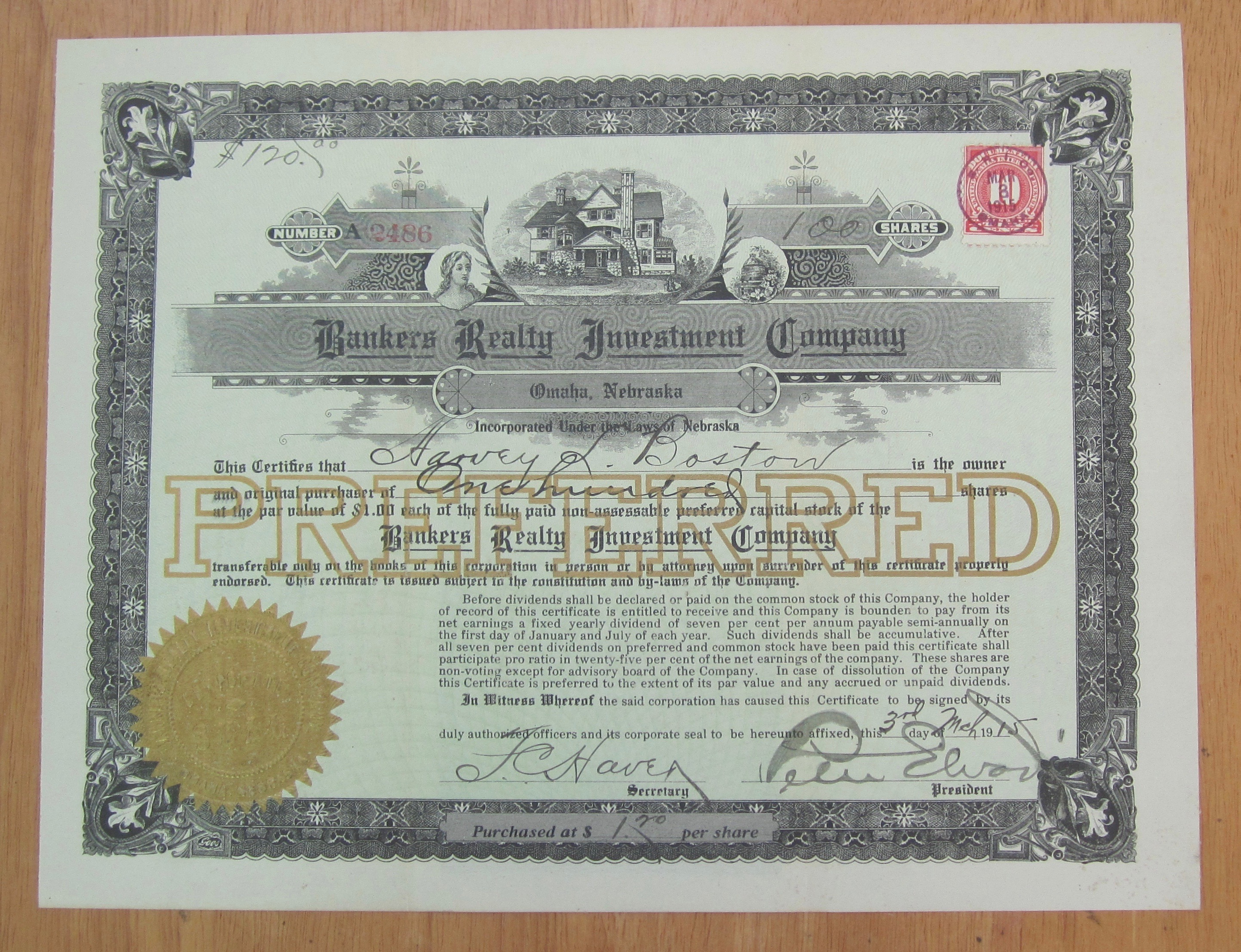 1915 Bankers Realty Investment Co Stock Certificate