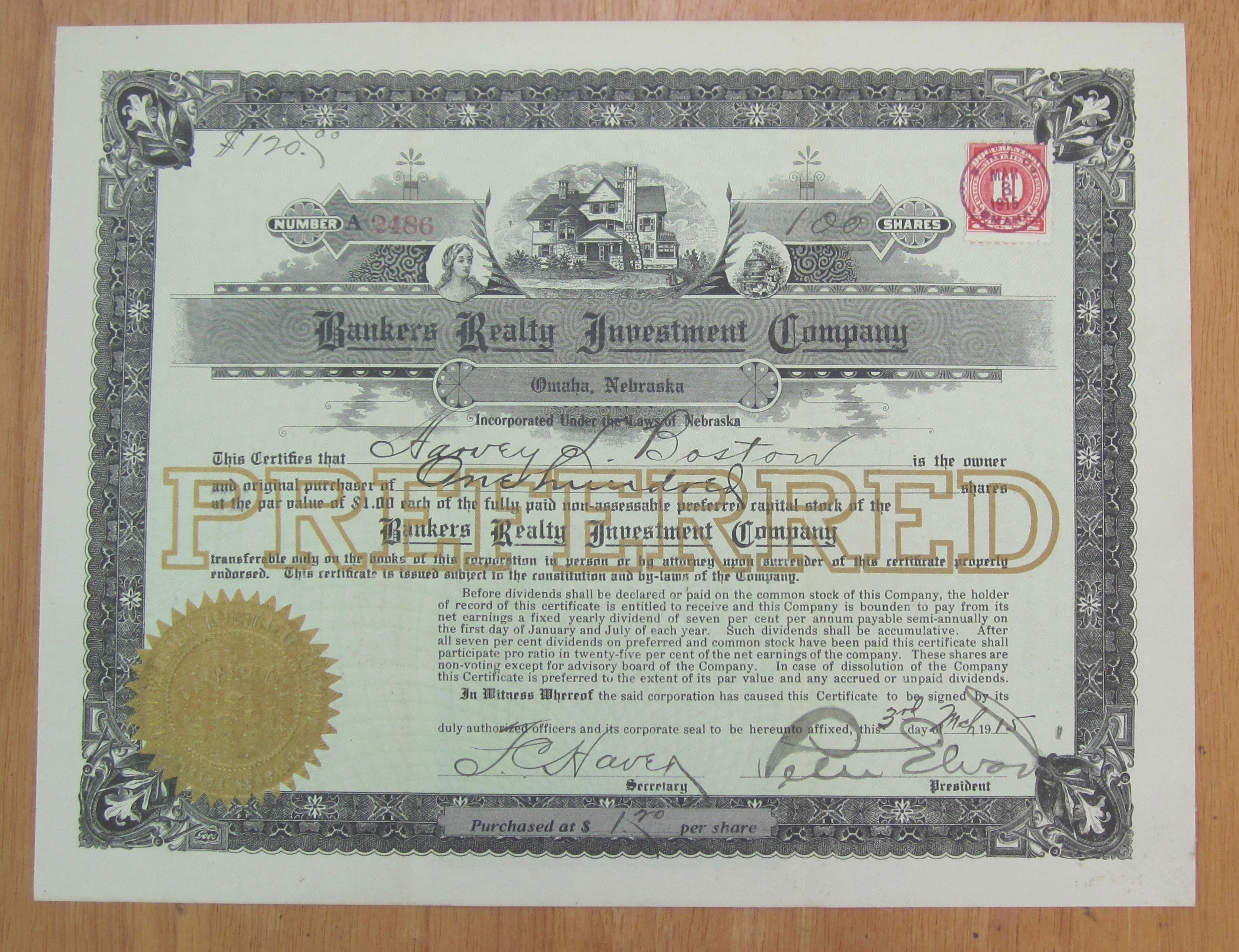 1915 Bankers Realty Investment Co Stock Certificate