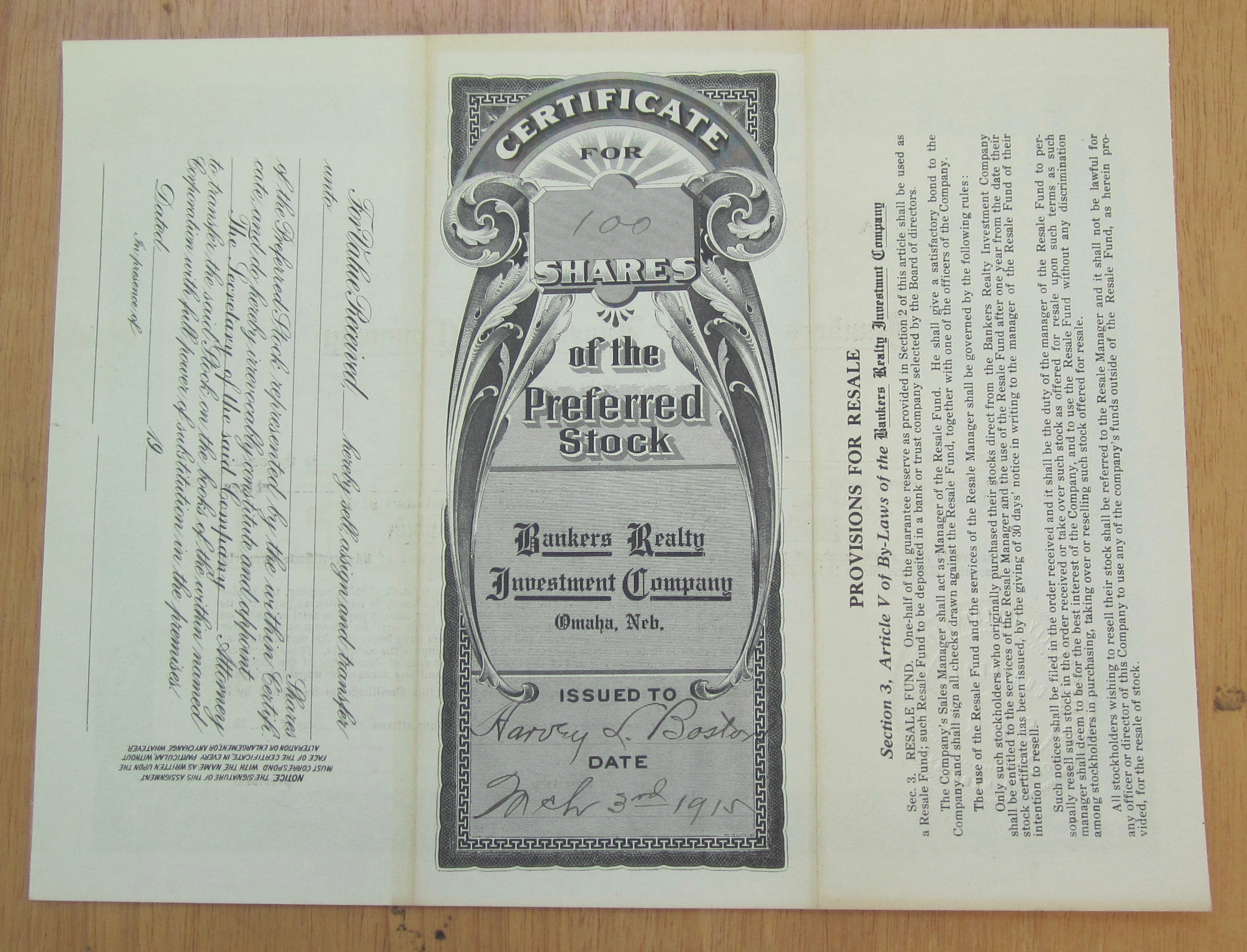 1915 Bankers Realty Investment Co Stock Certificate