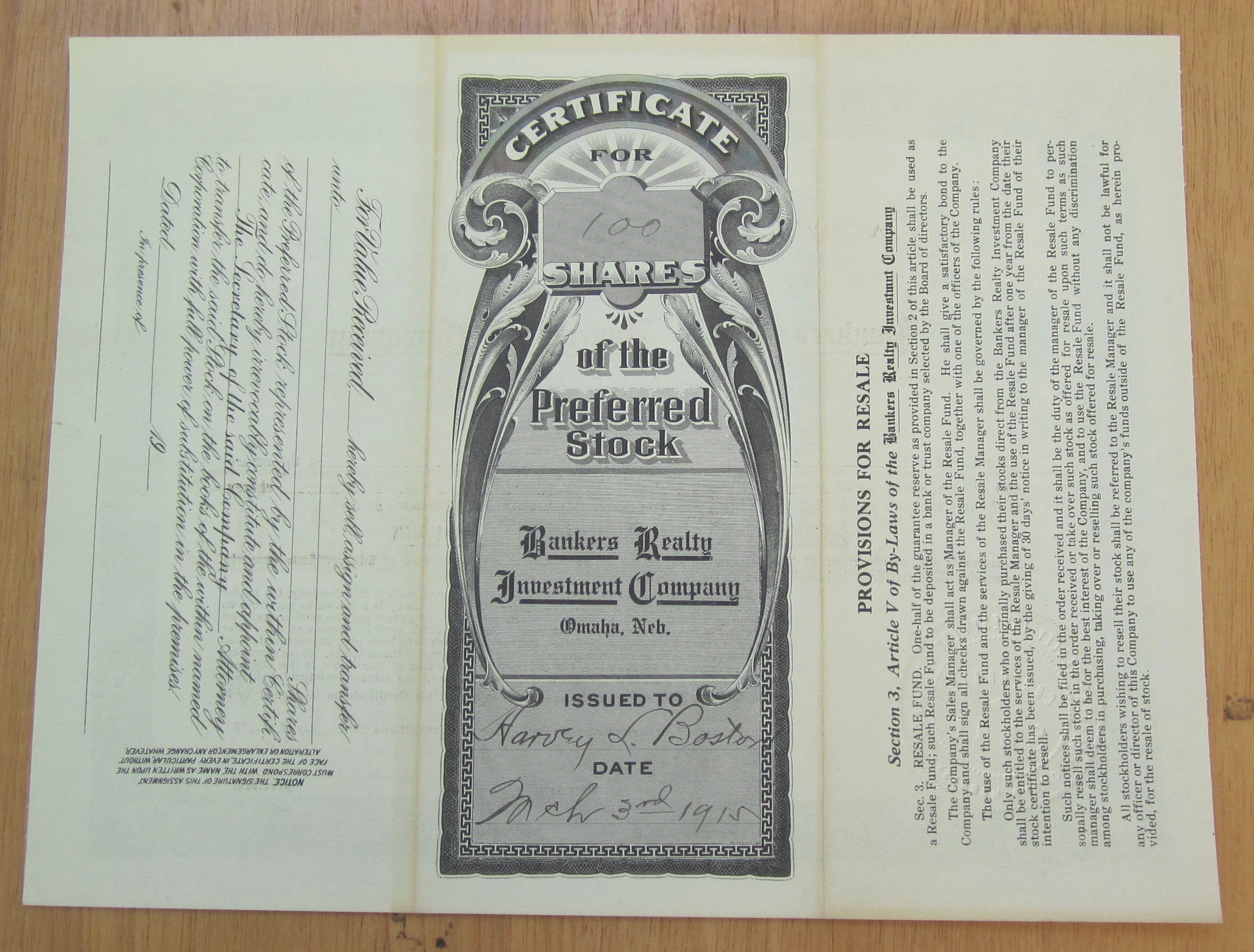 1915 Bankers Realty Investment Co Stock Certificate