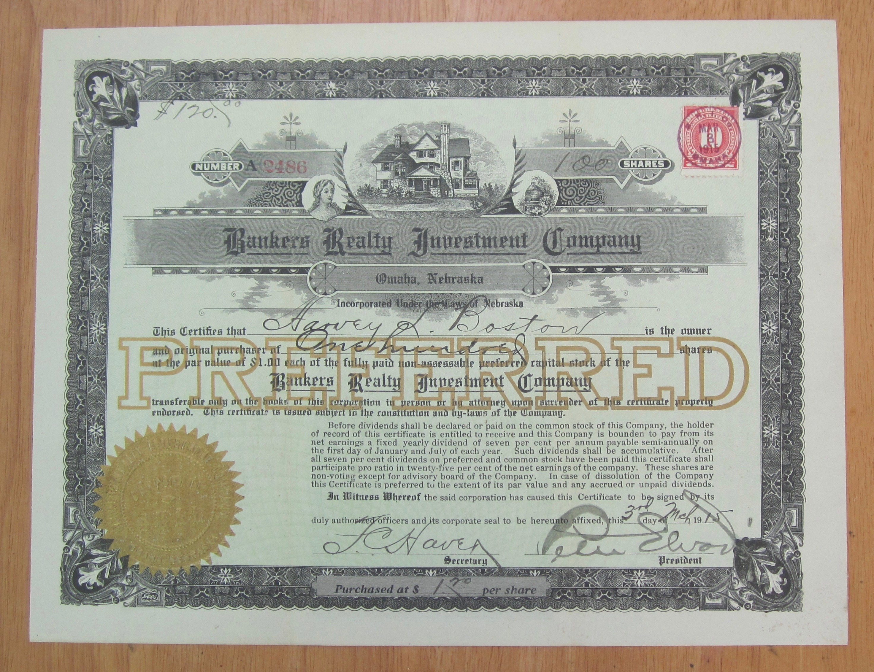 1915 Bankers Realty Investment Co Stock Certificate