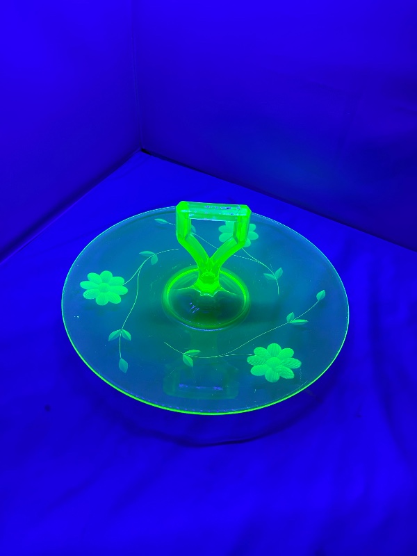 Uranium Green Floral Etched Tidbit Tray with Stylized Handle 10 1/4" Circa 1930s