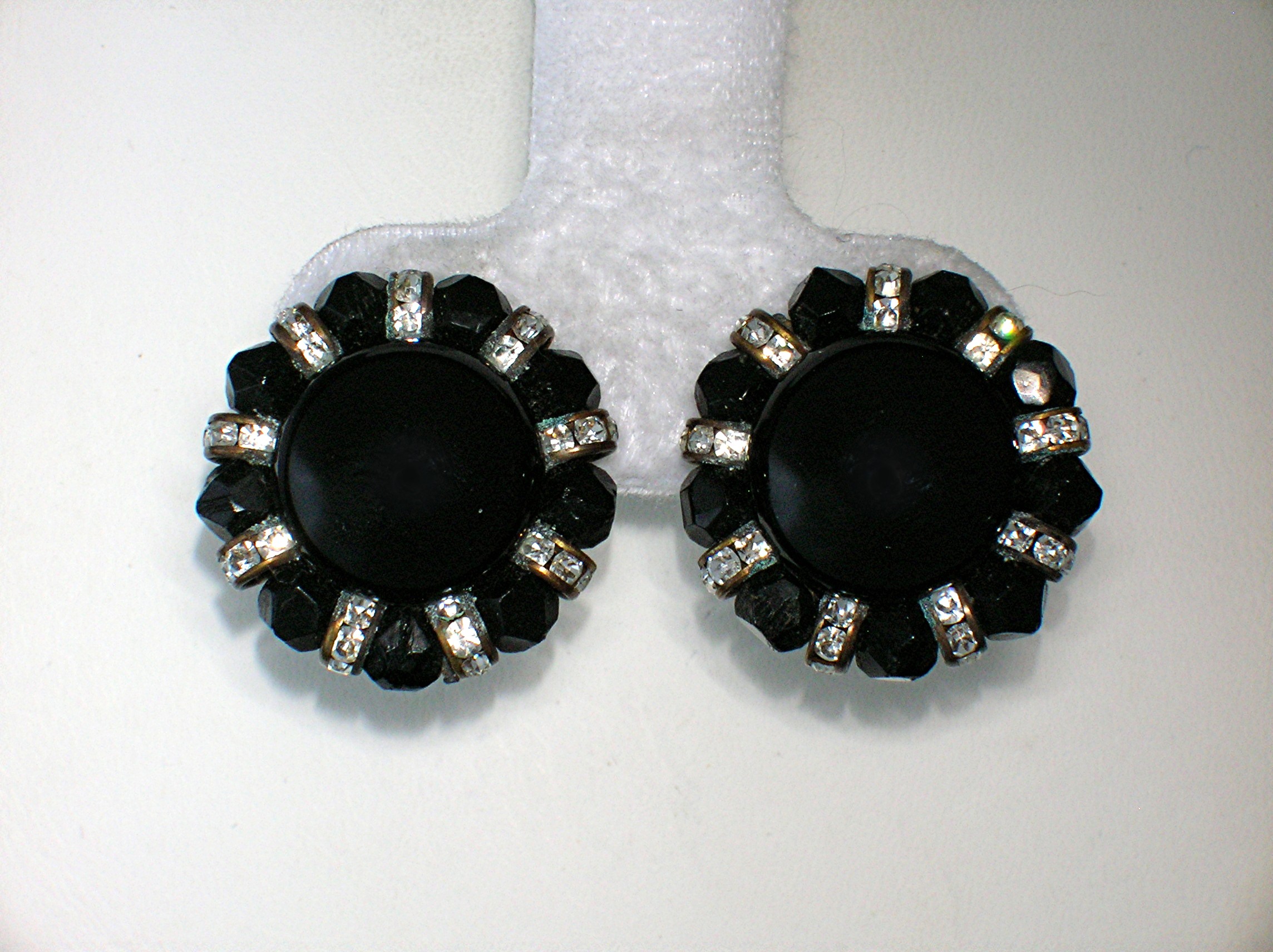 Black Faceted Crystal & Rhinestone Clip Earrings