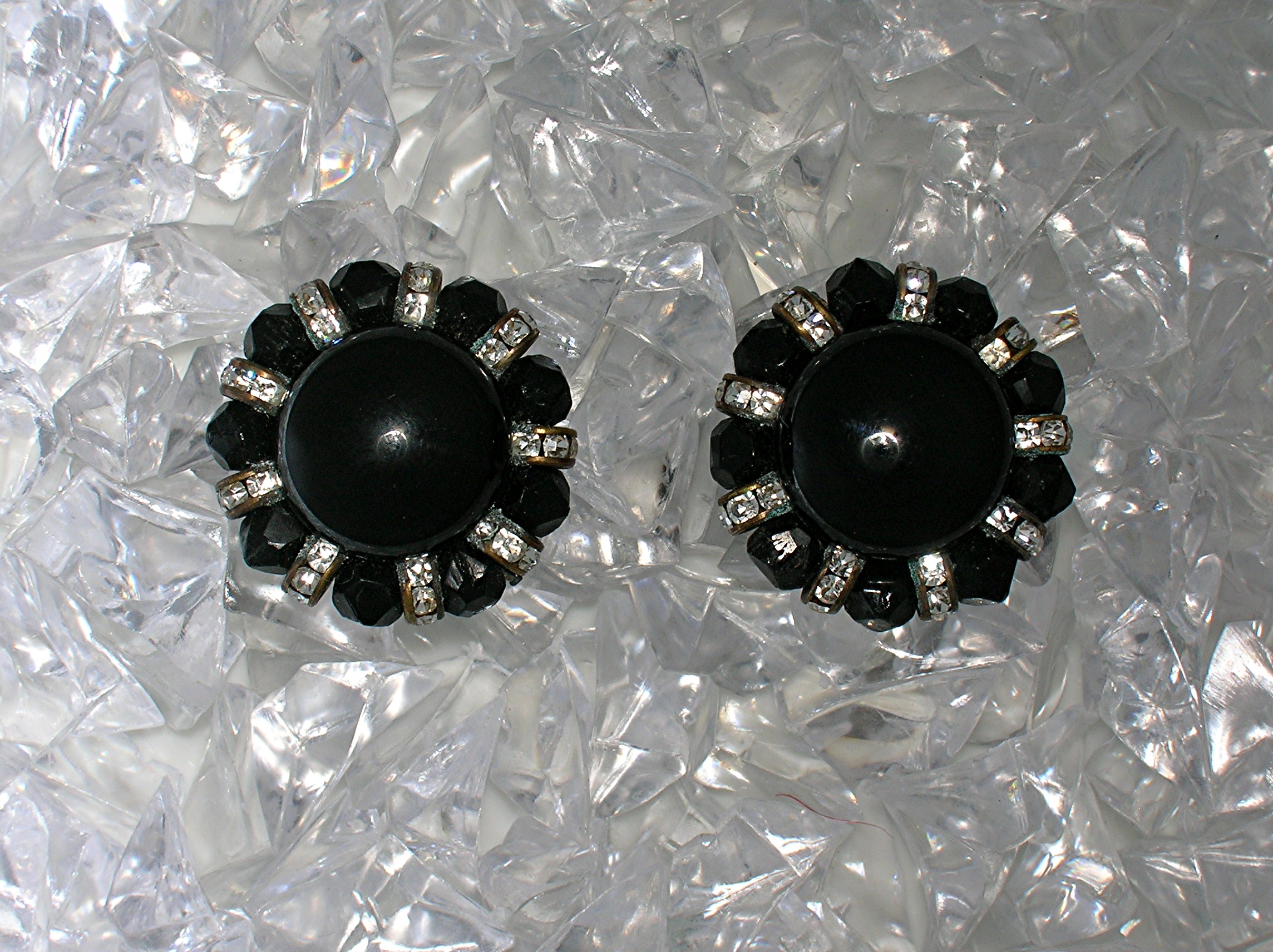 Black Faceted Crystal & Rhinestone Clip Earrings
