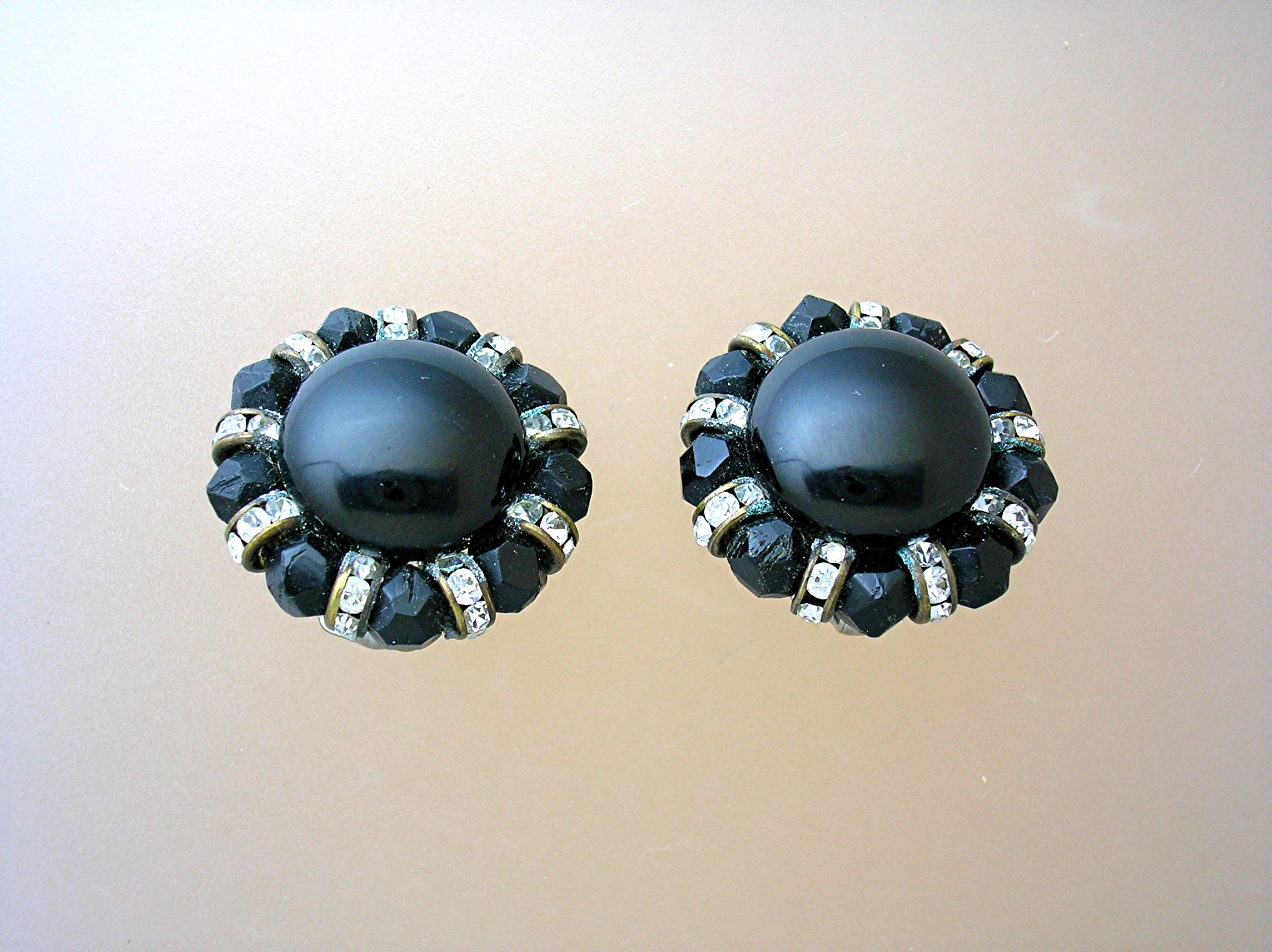 Black Faceted Crystal & Rhinestone Clip Earrings