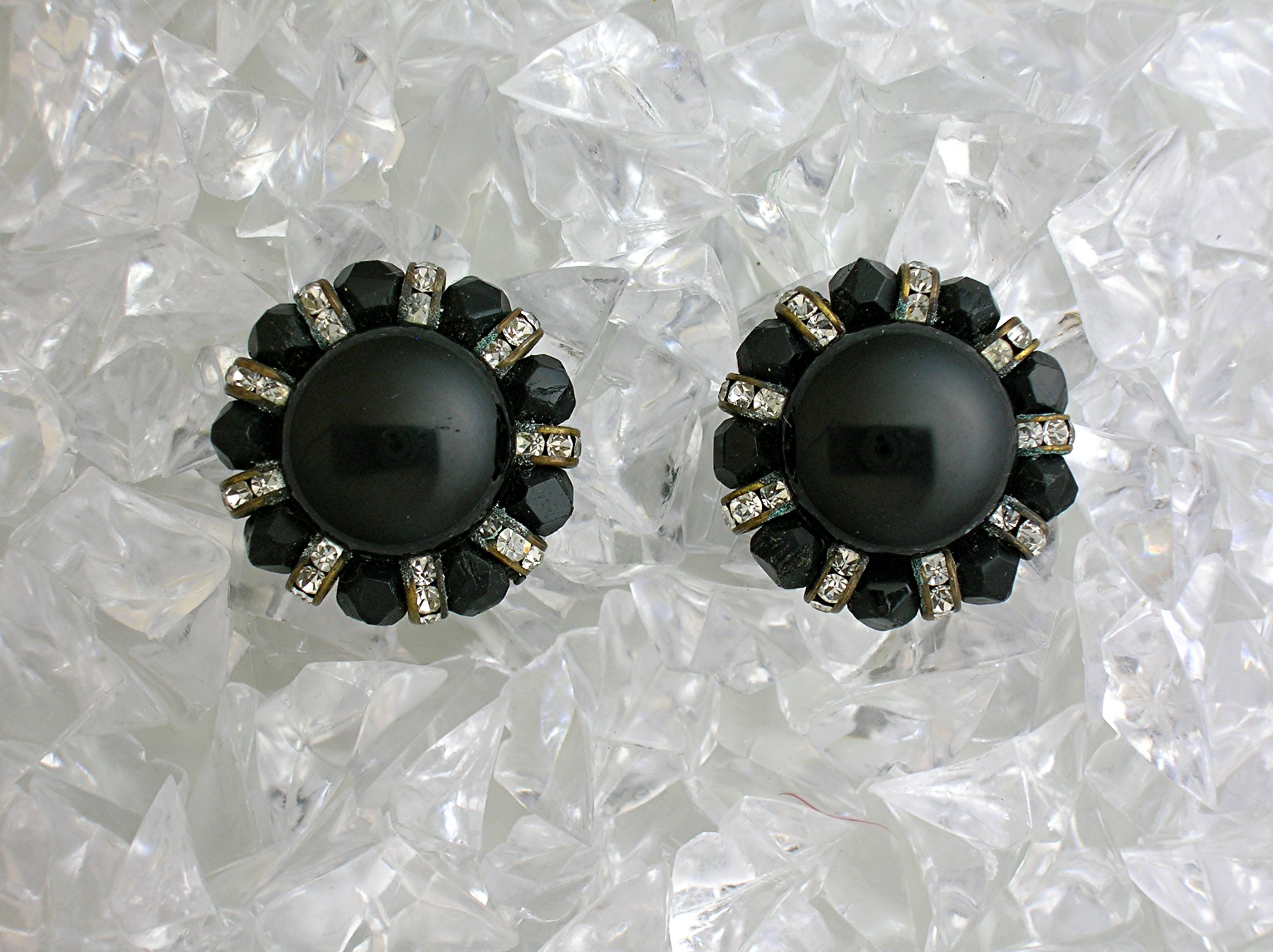 Black Faceted Crystal & Rhinestone Clip Earrings
