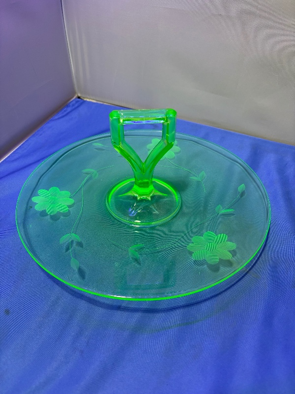 Uranium Green Floral Etched Tidbit Tray with Stylized Handle 10 1/4" Circa 1930s
