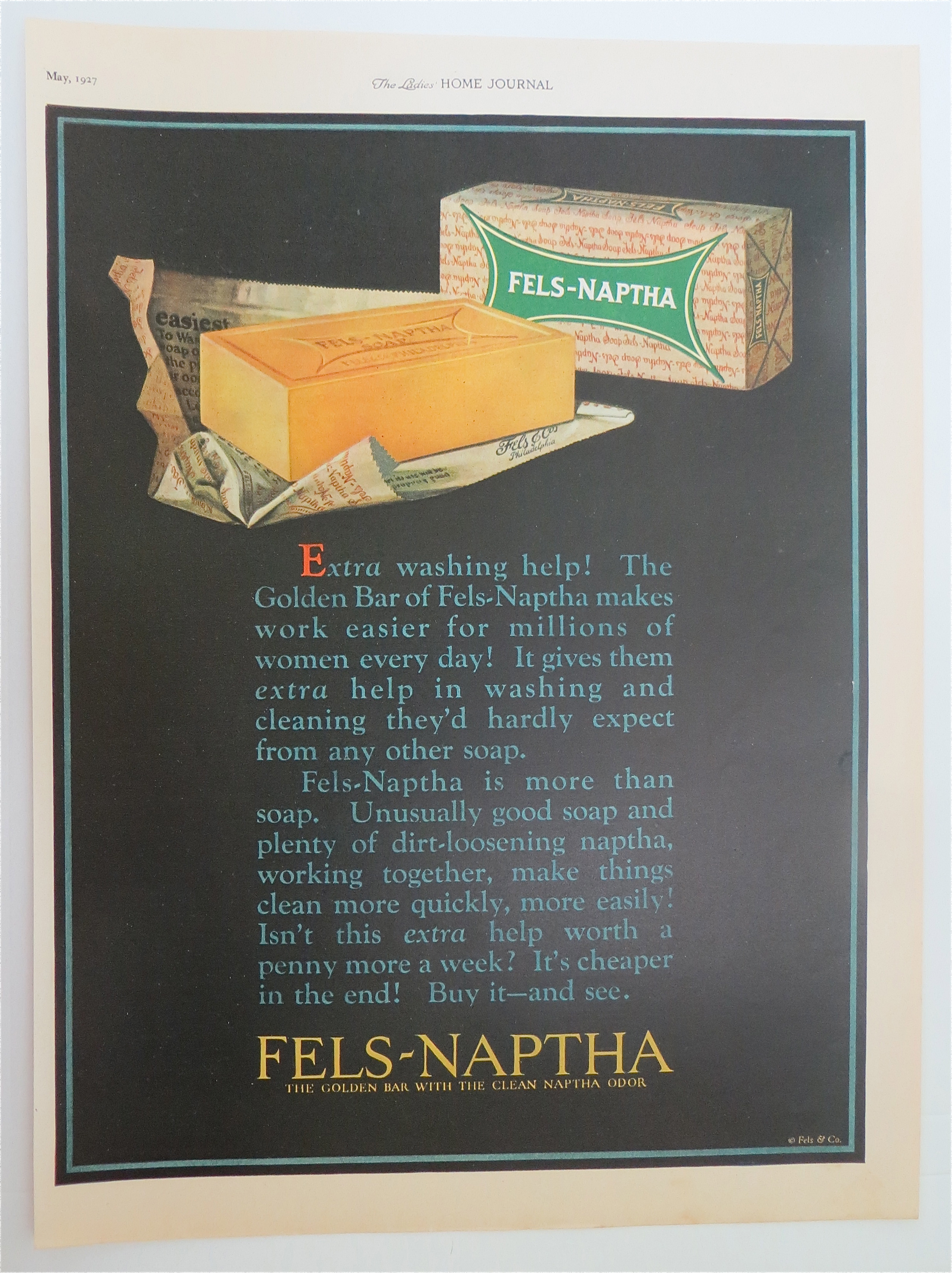 1927 Fels Naptha Soap with Bar of Fels Naptha Soap