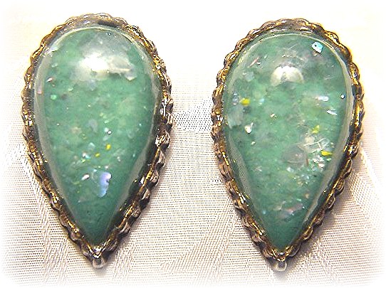 Lucite Clip Earrings Teardrop Shaped Green
