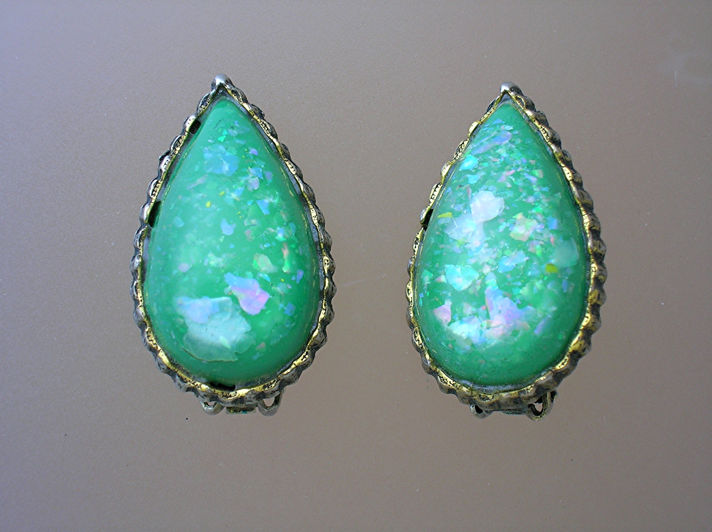 Lucite Clip Earrings Teardrop Shaped Green