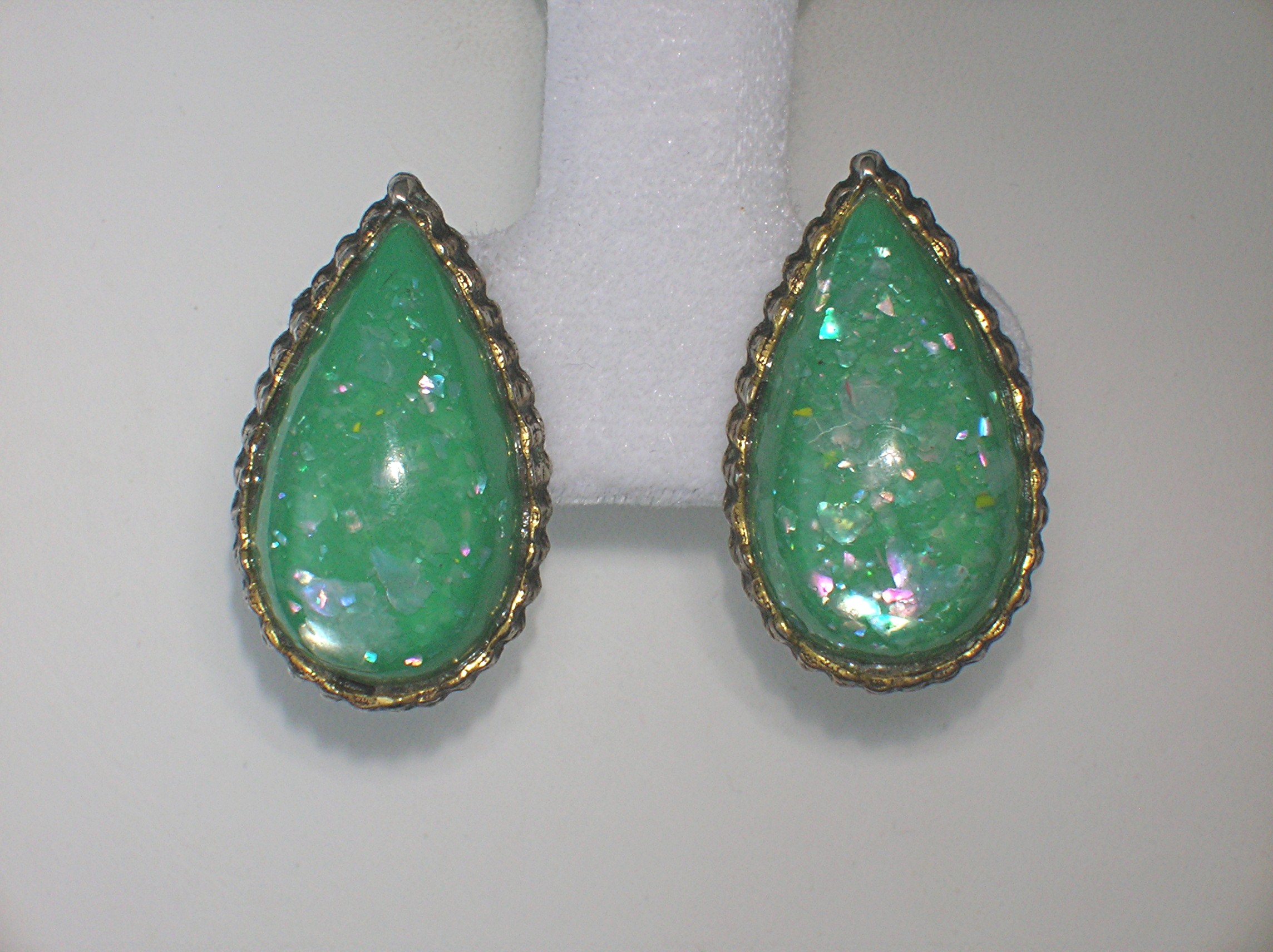 Lucite Clip Earrings Teardrop Shaped Green