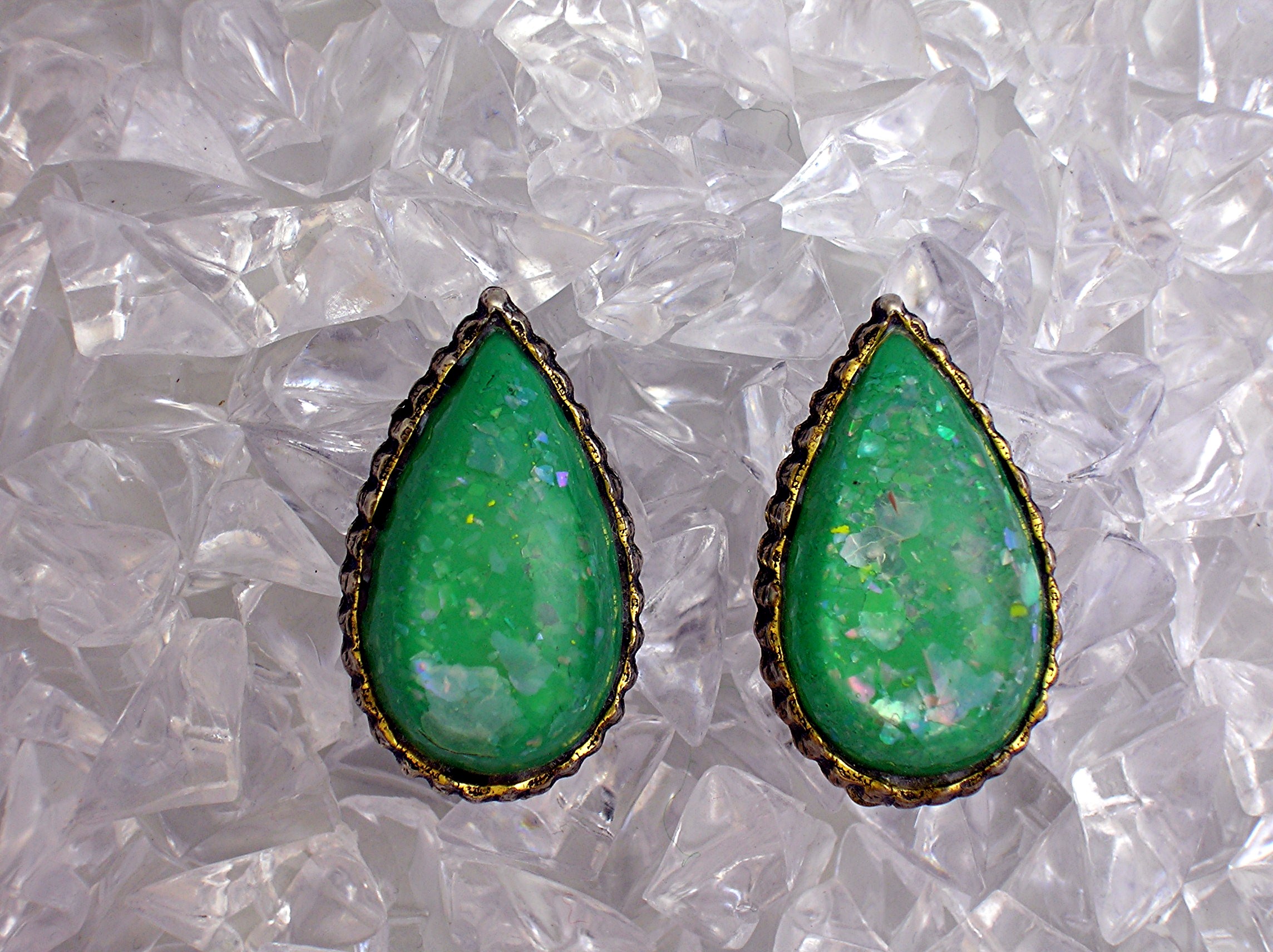 Lucite Clip Earrings Teardrop Shaped Green
